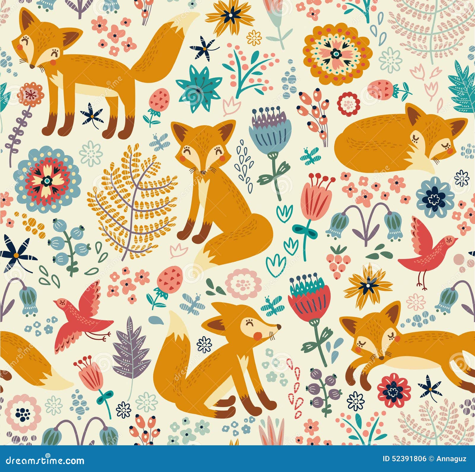 Seamless Background with Cute Foxes and Flowers Stock Vector ...