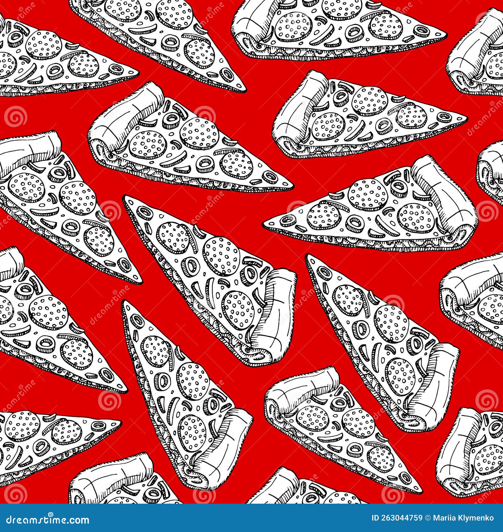 seamless background with graphic patterns of pizza with salami.