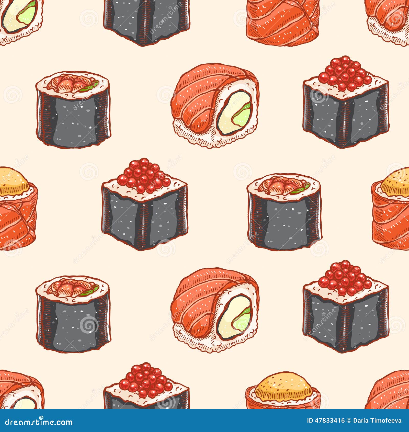 Seamless Background with Hand-drawn Sushi Stock Vector - Illustration ...