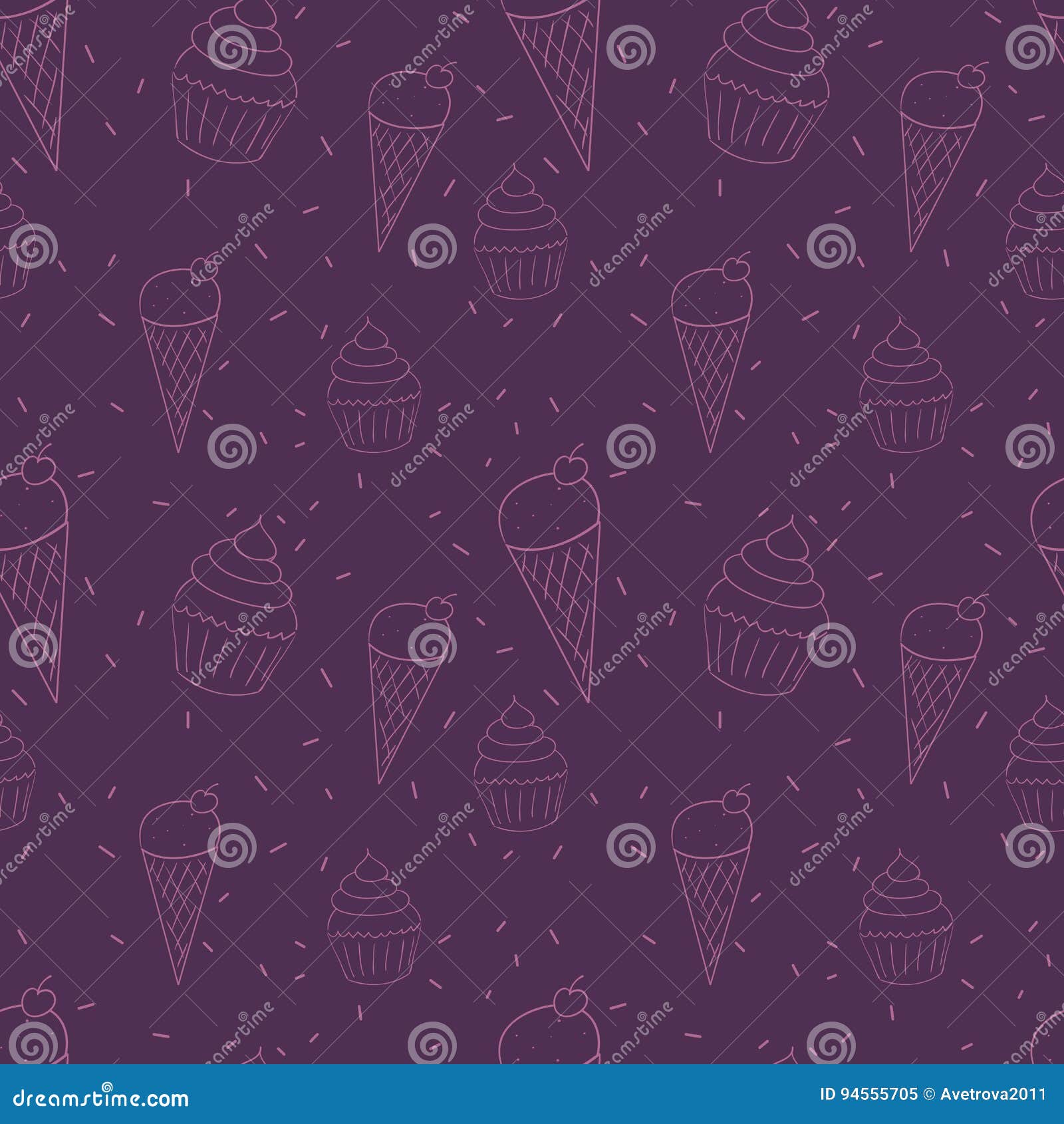 Seamless Background with Ice Cream Cones and Cupcakes Doodles