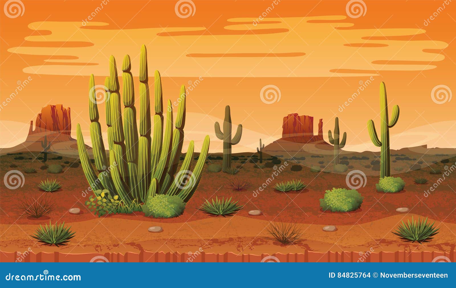 seamless background of landscape with desert and cactus.