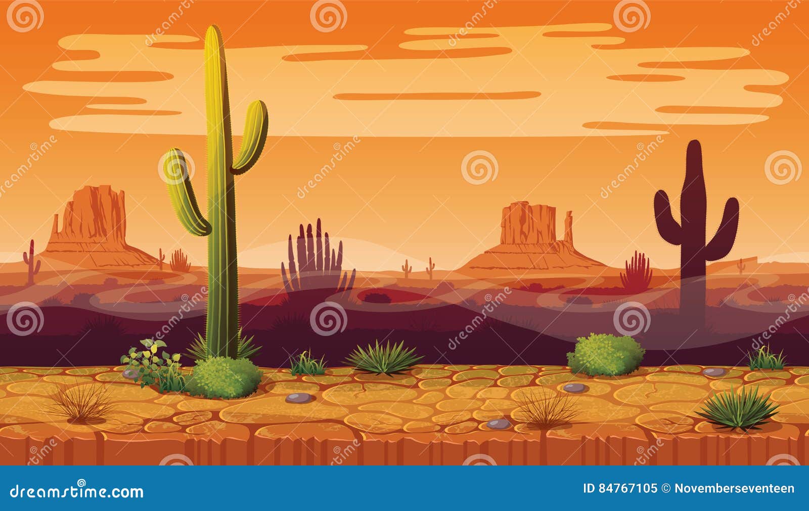 seamless background of landscape with desert and cactus.