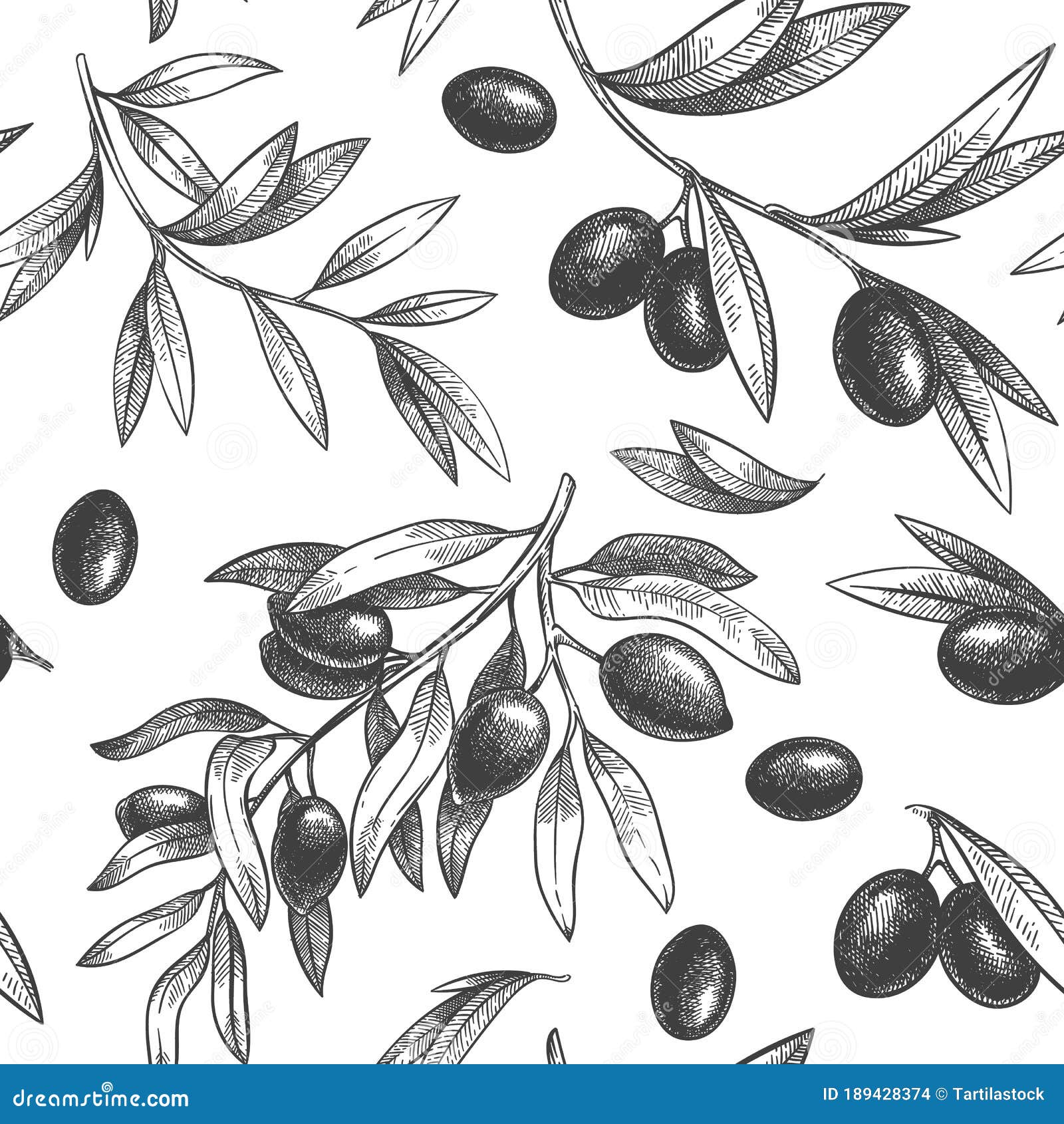 Seamless Black Olive Pattern. Greek Olives On Branches With Leaves