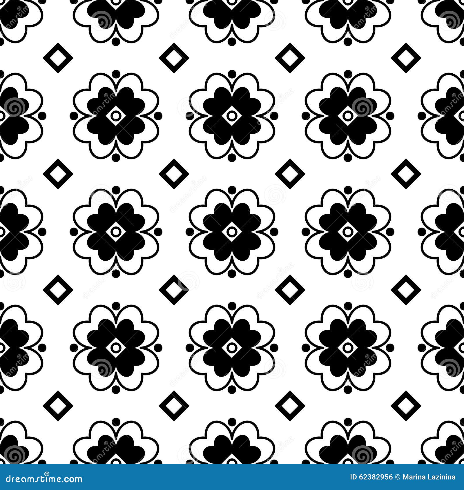 Seamless Black and White Background with Decorative Flowers Stock