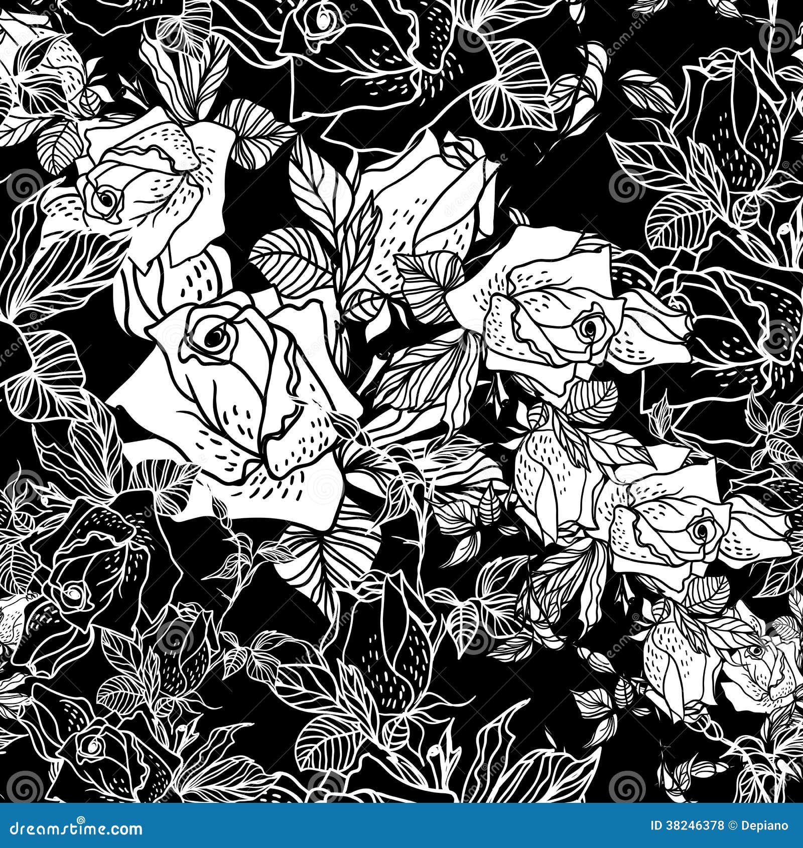 Seamless Black and White Background with Roses Stock Illustration ...