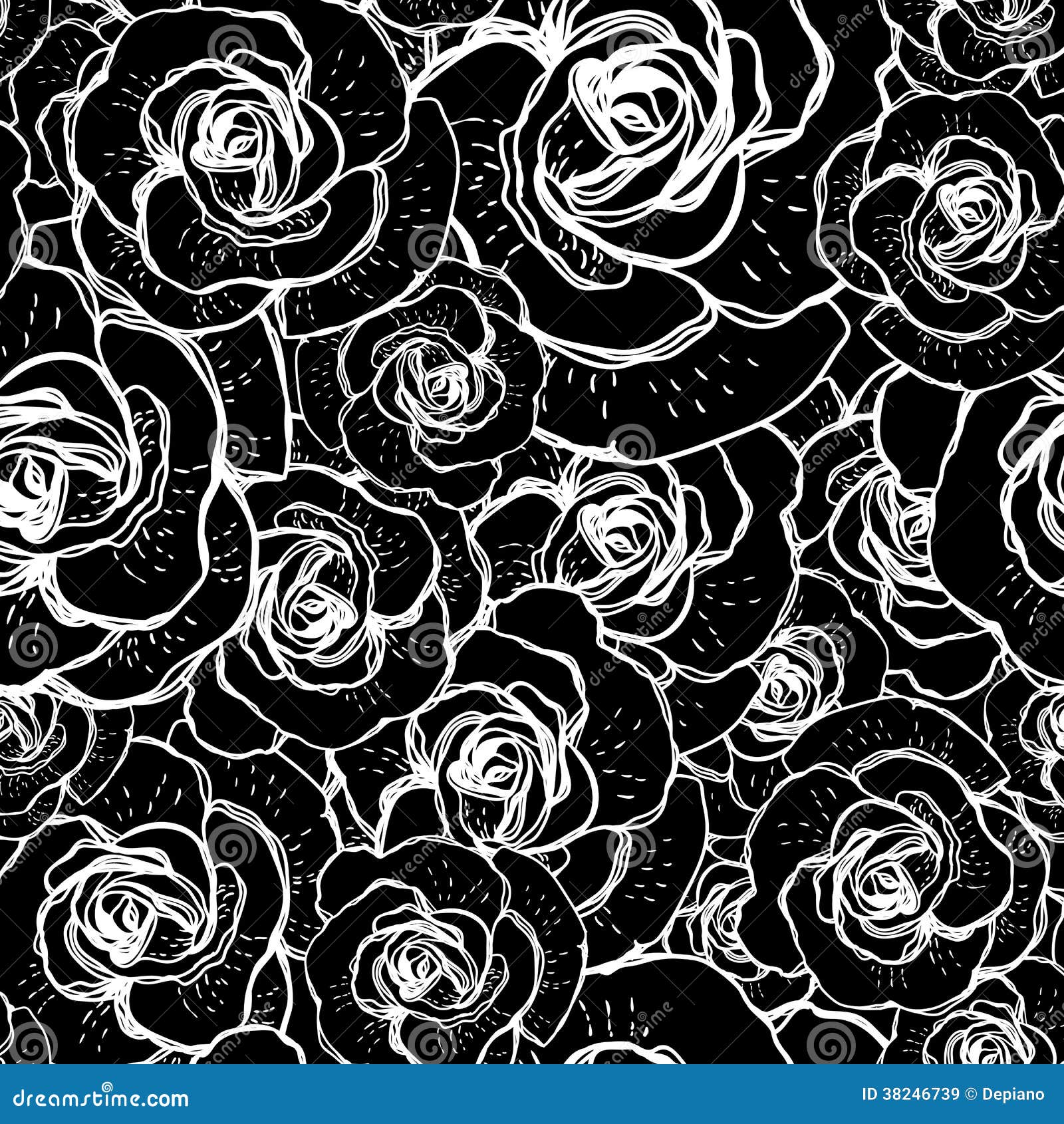 Seamless Black and White Background with Roses Stock Vector