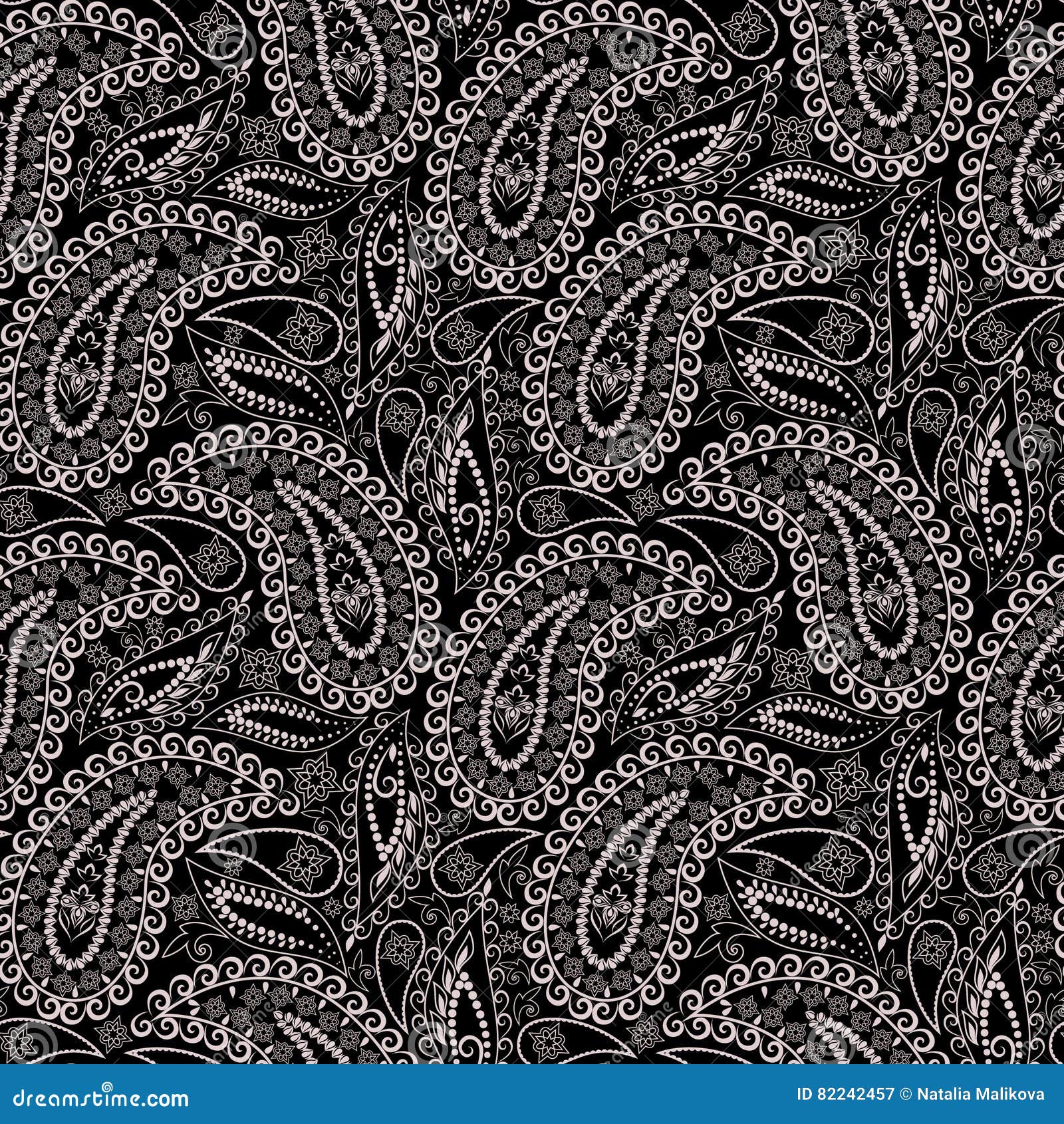 Seamless Black and White Pattern with Paisley and Geometric Elements ...