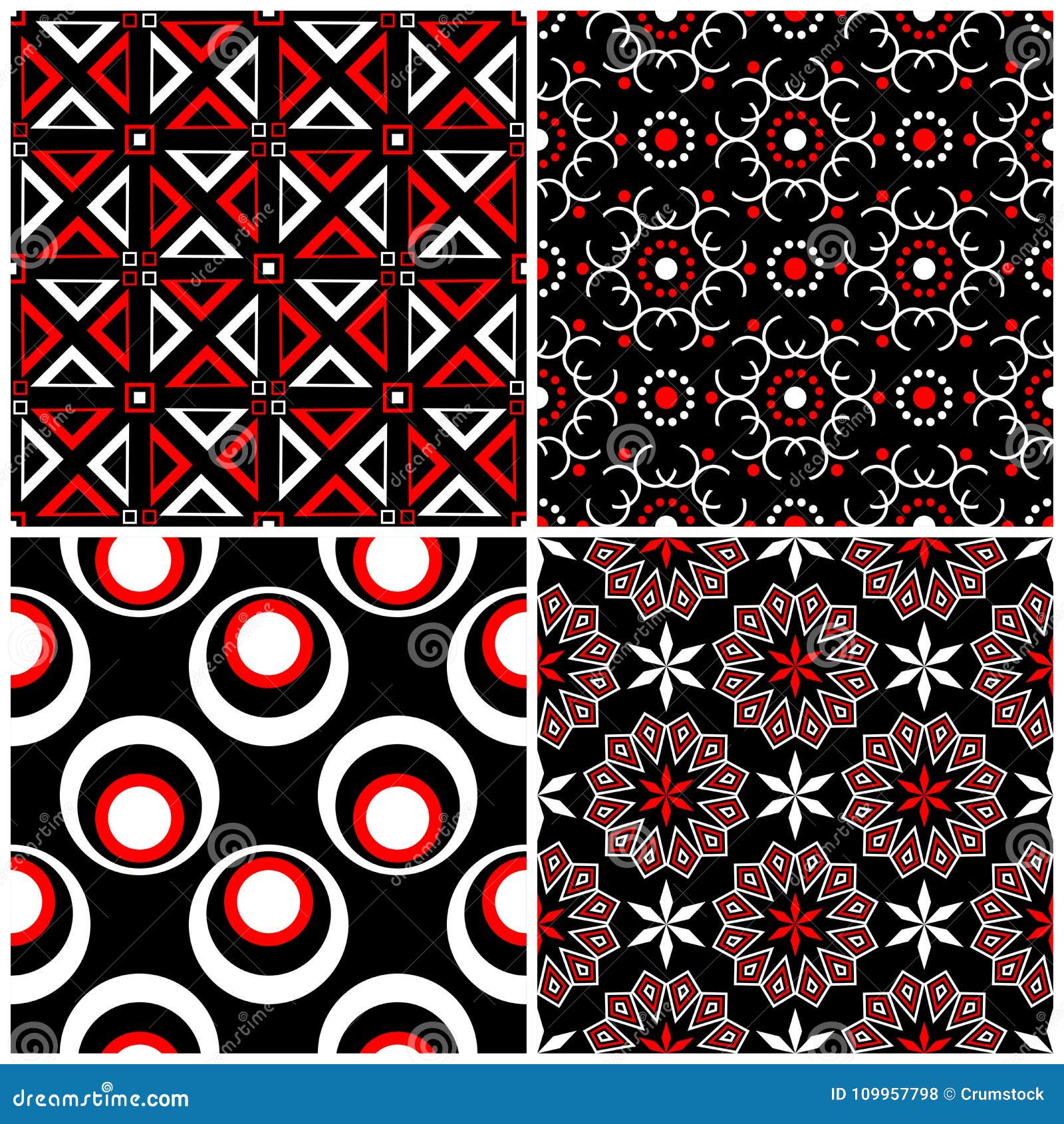 Seamless Black White and Red Patterns. Classic Geometric Backgrounds