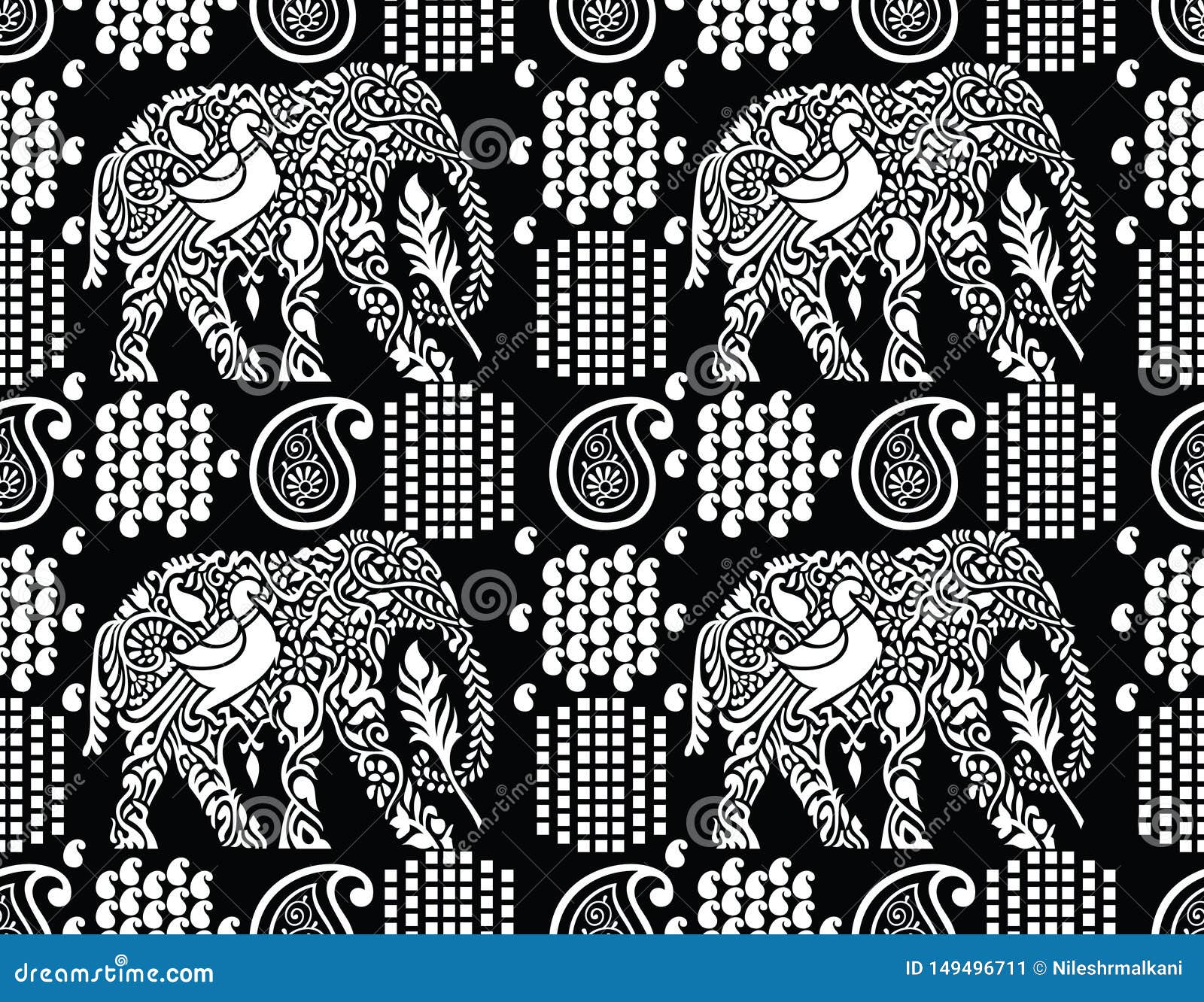 Seamless Black and White Traditional Indian Elephant Pattern Stock