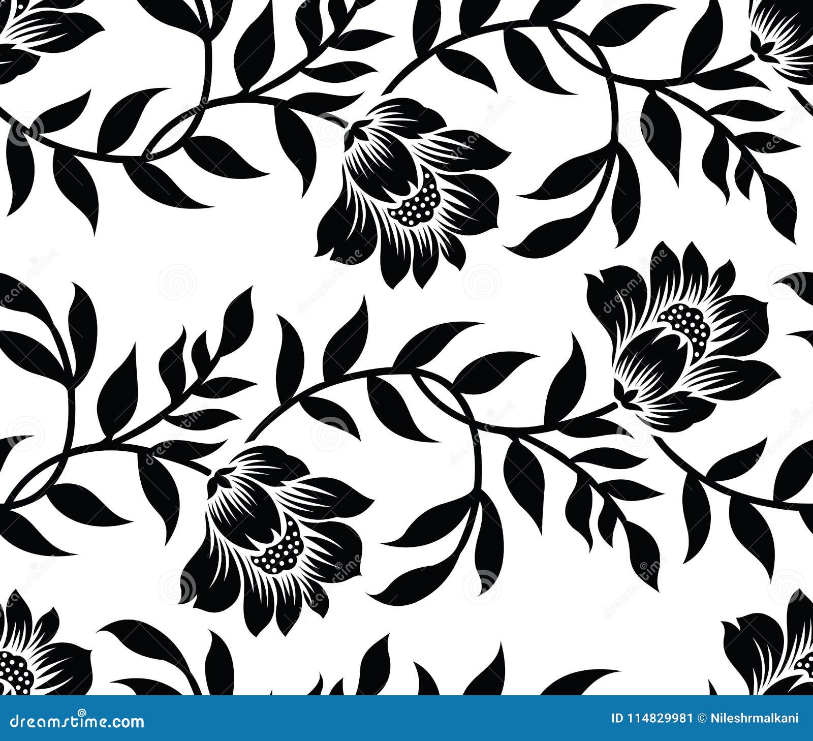 Seamless Black and White Vector Textile Floral Pattern Stock Vector