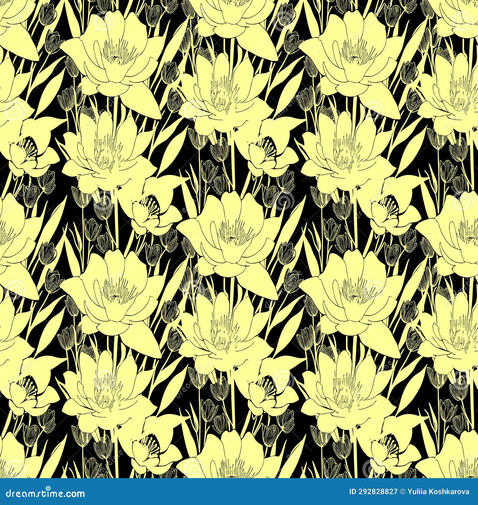 Seamless Black and Yellow Floral Pattern, Monochrome Ornament, Design