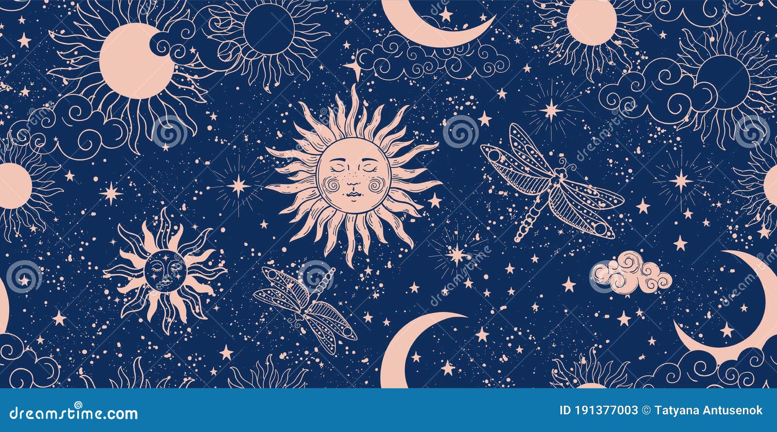 Seamless Blue Space Pattern with Sun, Crescent and Stars on a Blue  Background. Mystical Ornament of the Night Sky for Stock Vector -  Illustration of boho, esoteric: 191377003