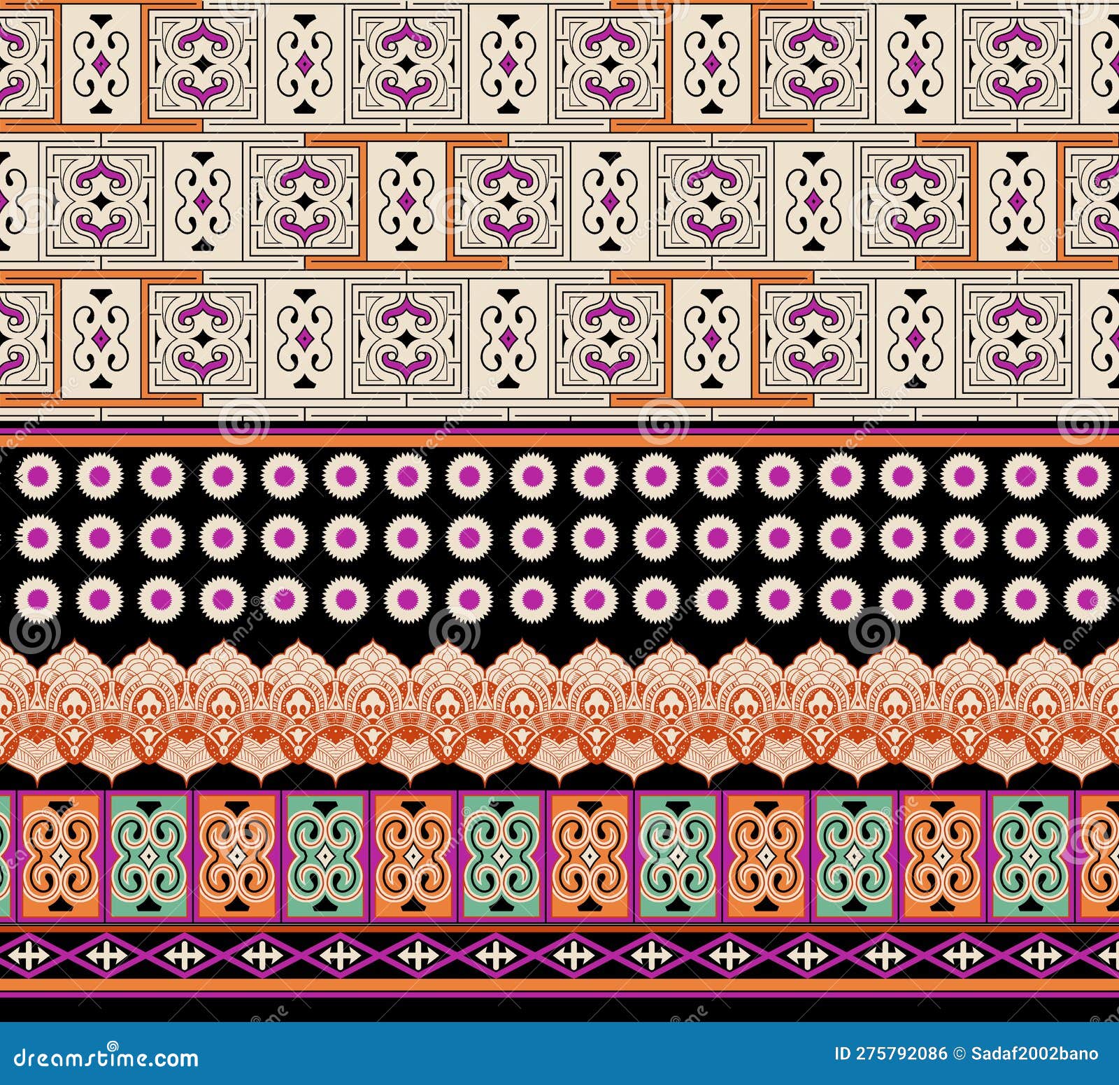 Seamless Border with Decorative Ethnic Elements. Moroccan Style. Pink Horizontal Arabian Pattern