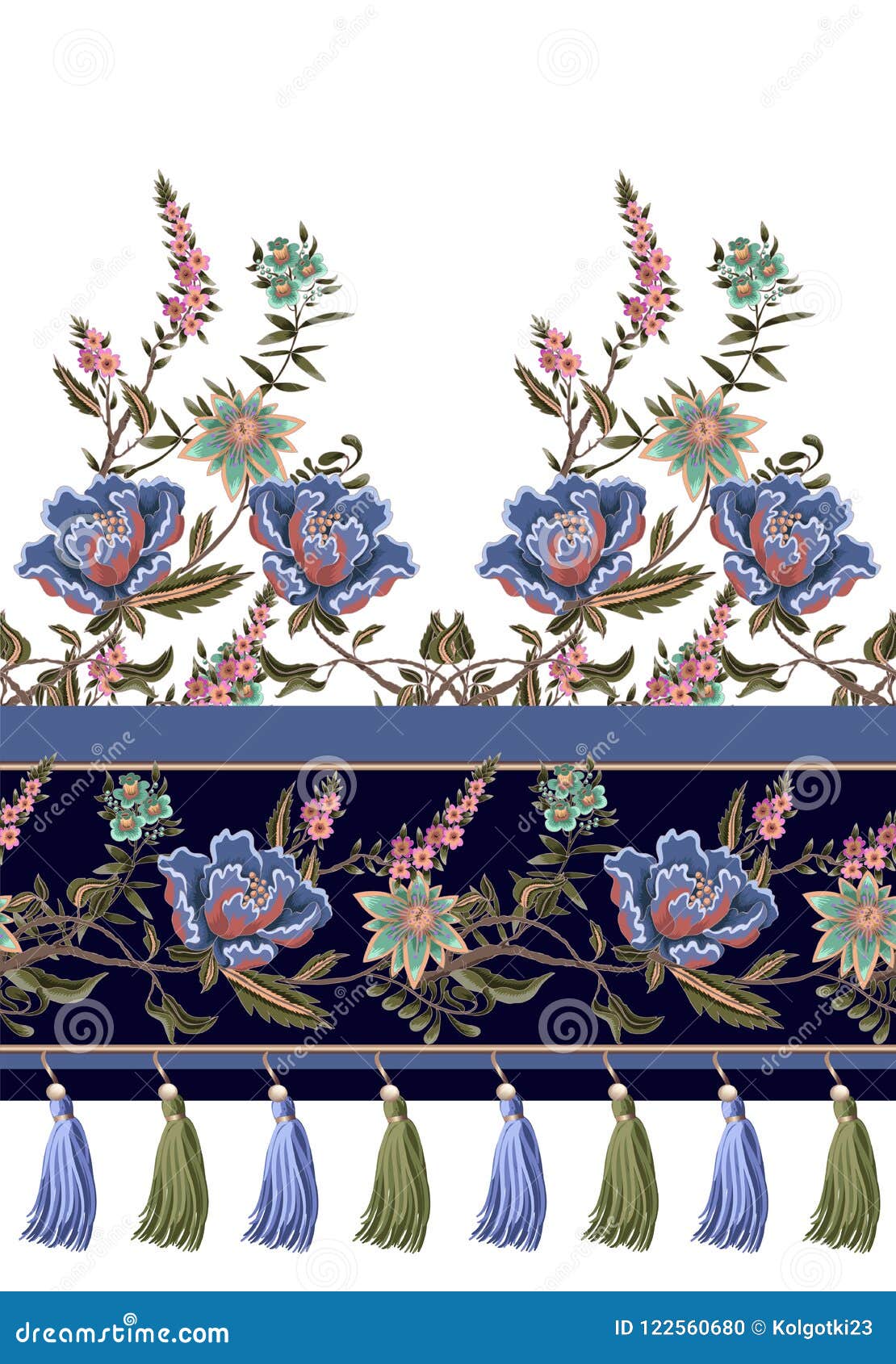 seamless border with indian ethnic ornament and fringes. folk flowers and leaves for print or embroidery.  .