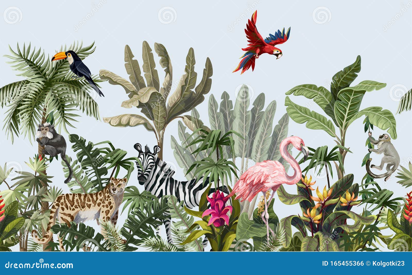 seamless border with jungle animals, flowers and trees. .