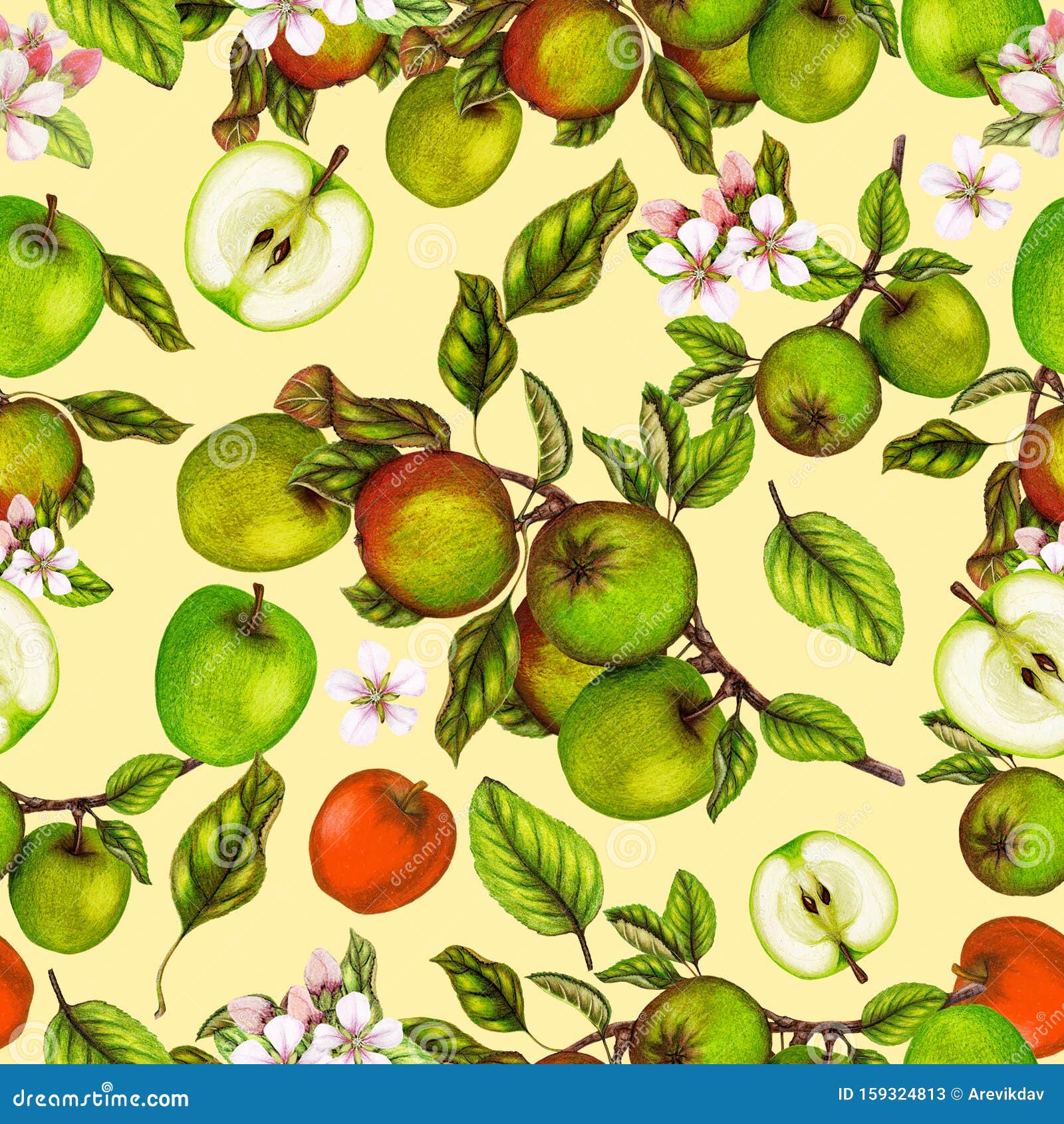 seamless botanical pattern of hand drawn apples