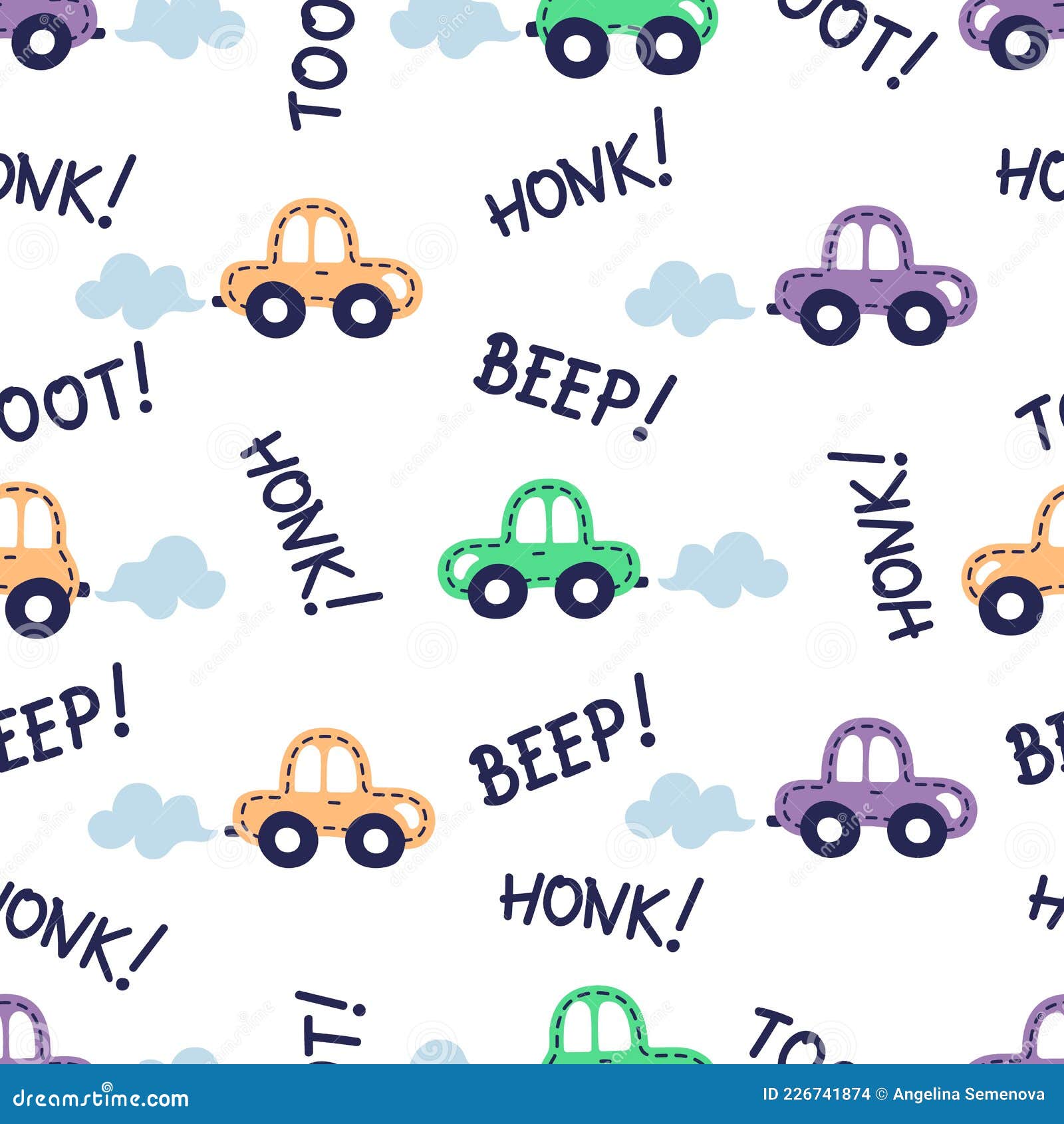 seamless car pattern kids background with colorful automobile and words beep, toot. flat 