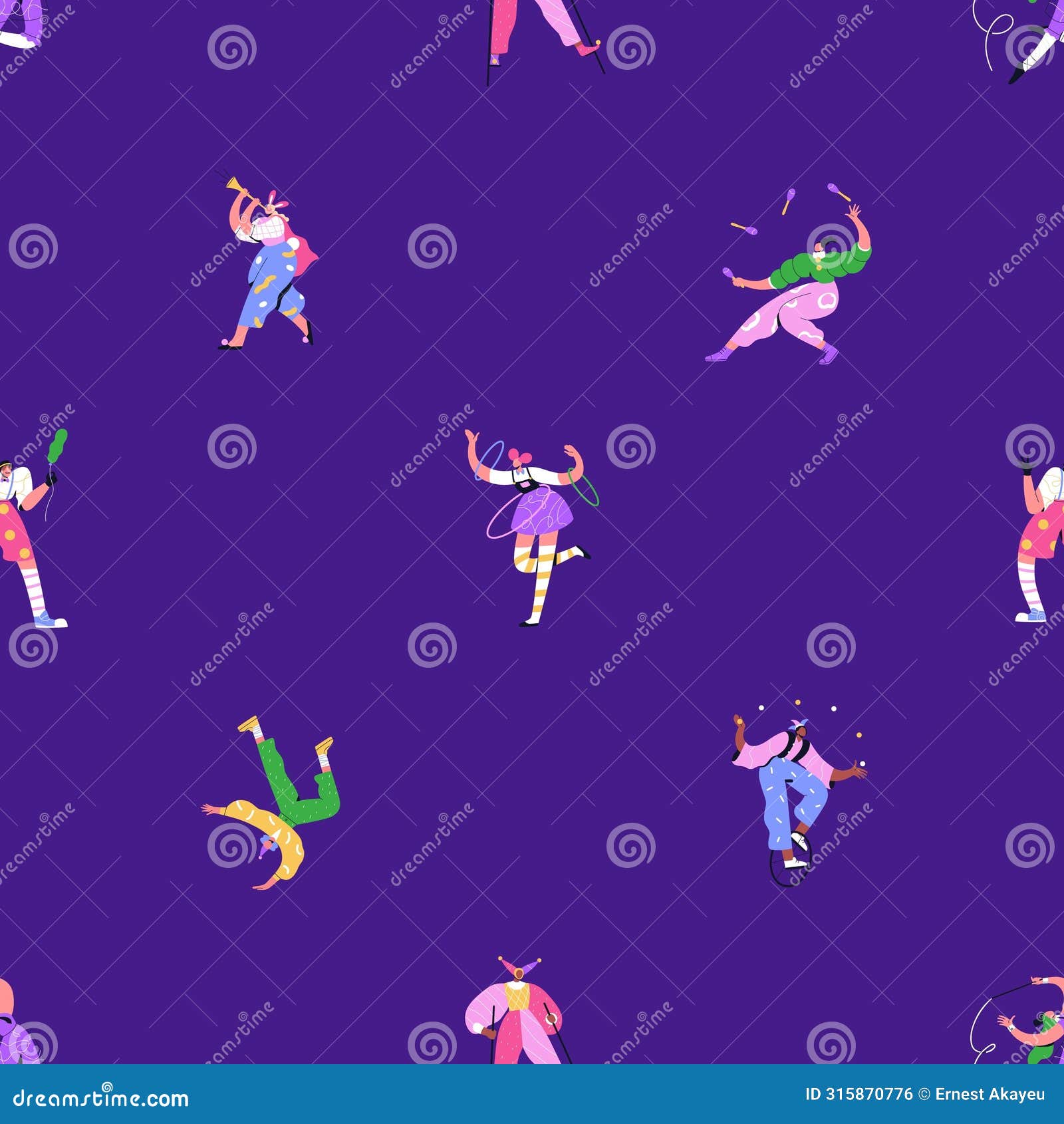 seamless carnival pattern. festival background with circus artists, acrobat, clown, harlequin, juggler, carnaval