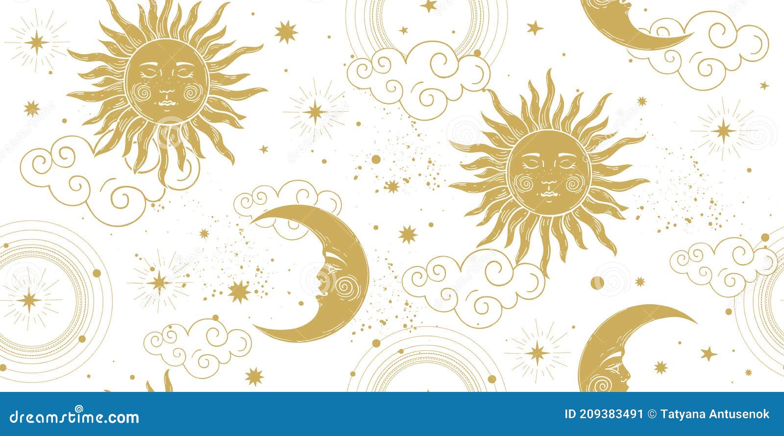 seamless celestial pattern with golden sun and crescent moon on white background, vintage boho ornament for astrology and tarot.