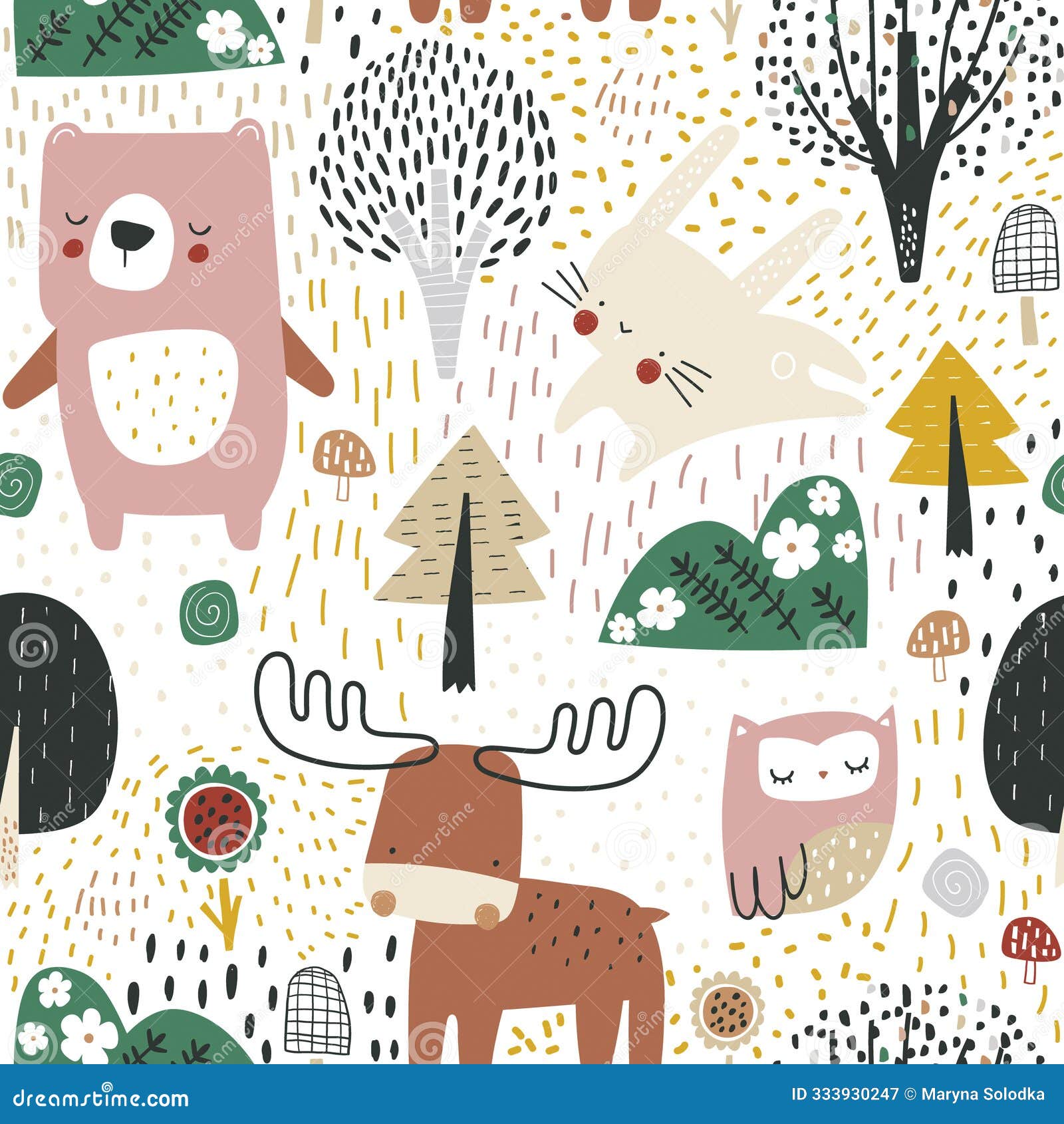 seamless childish pattern with forest animals, tree, mushroom. cartoon woodland characters texture.  