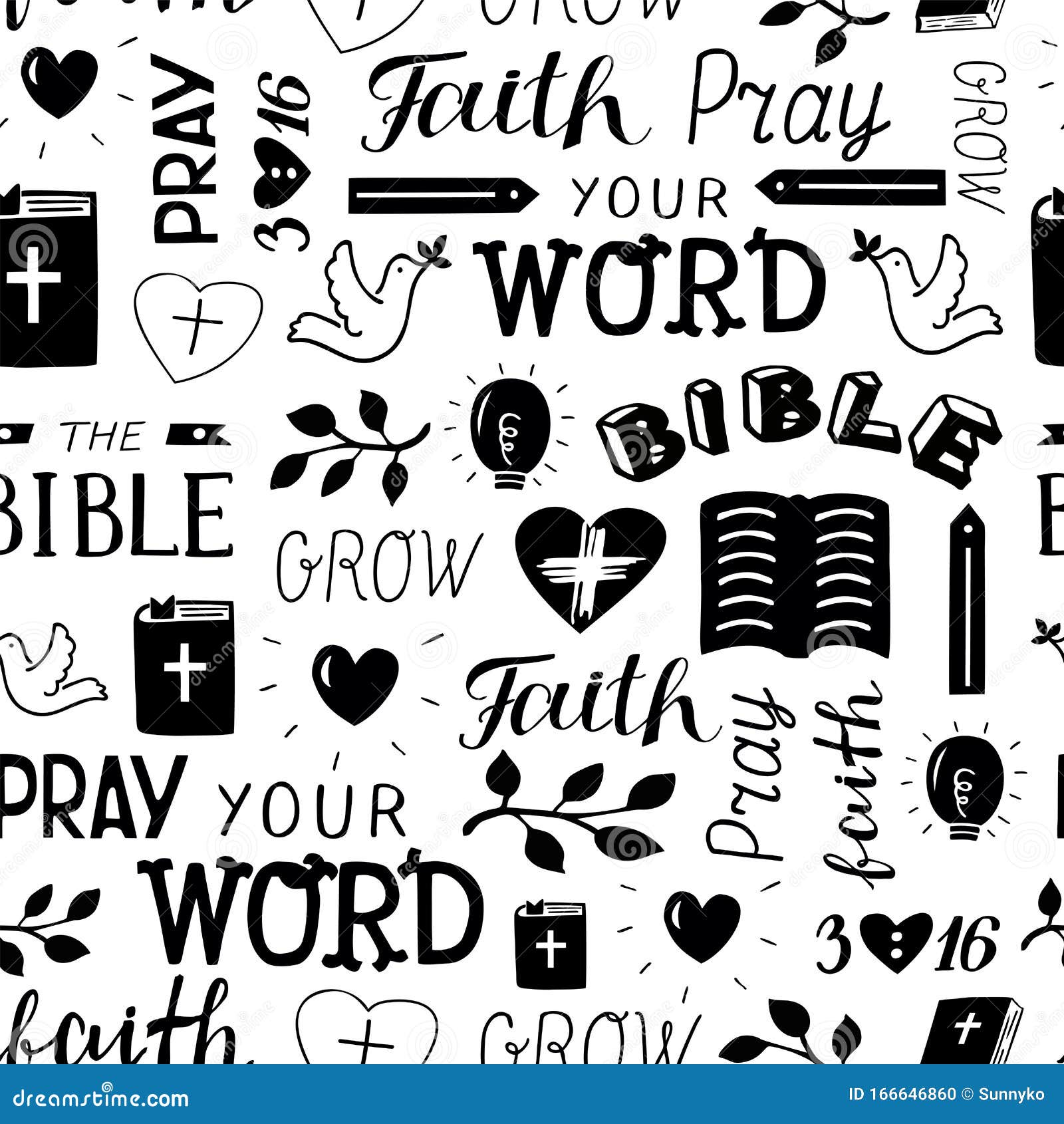 seamless christian pattern with hand lettering words faith, pray, bible, grow, your word, 3 16