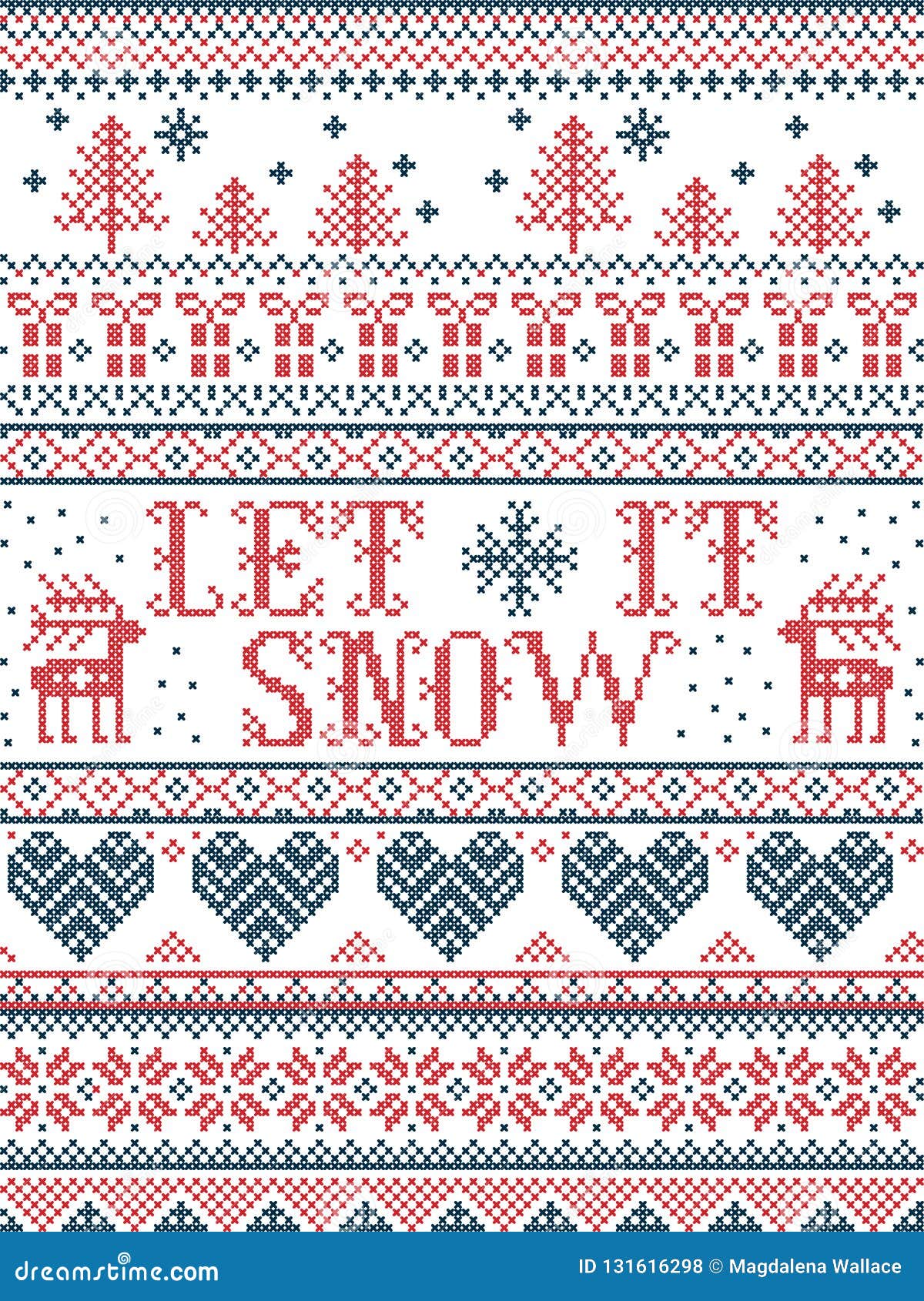 seamless christmas pattern let it snow scandinavian style, inspired by norwegian christmas, festive winter in cross stitch