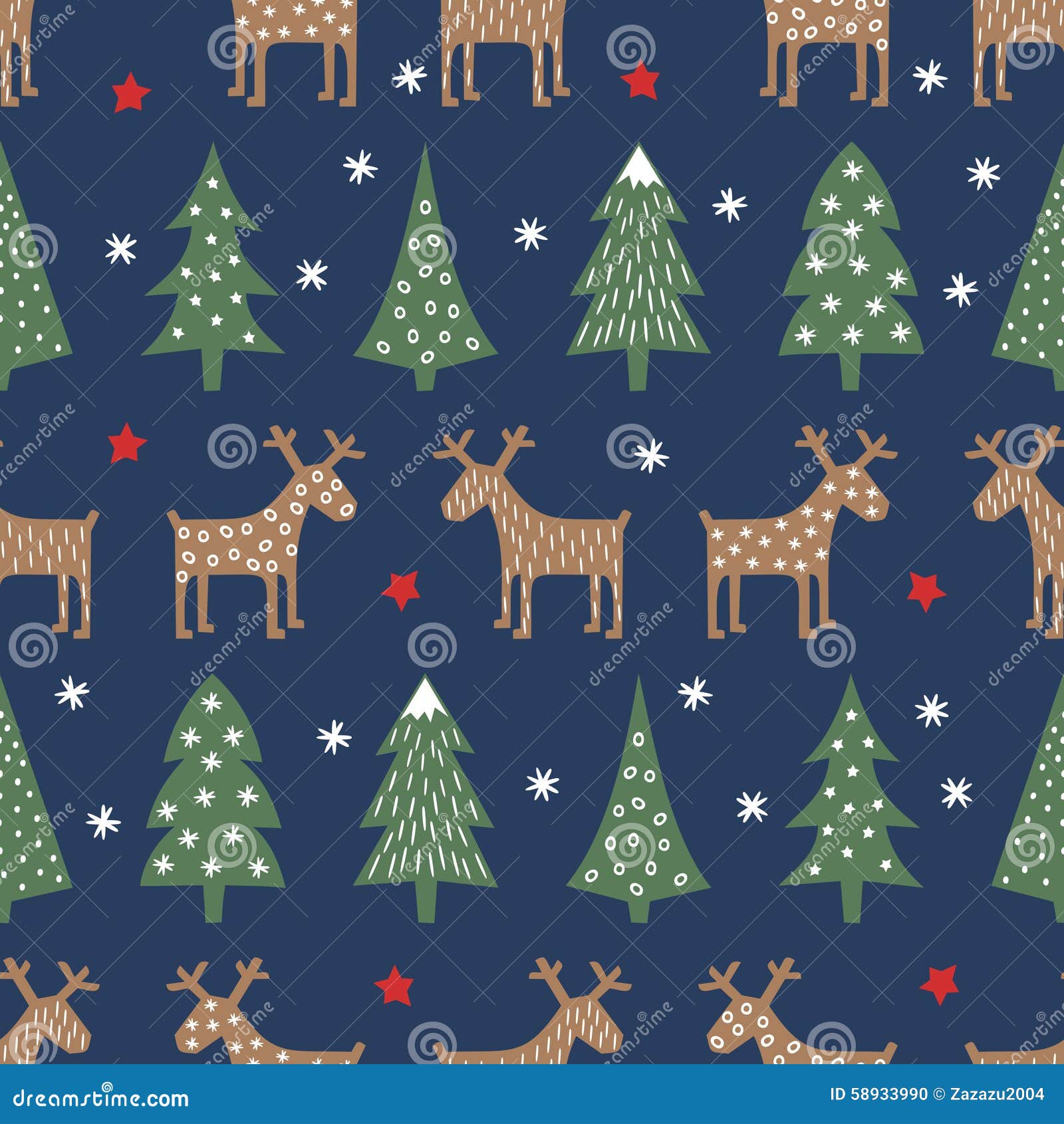 seamless christmas pattern - varied xmas trees, deer, stars and snowflakes.