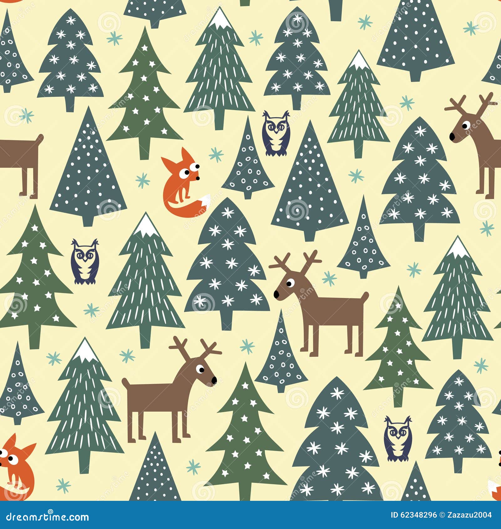 seamless christmas pattern - varied xmas trees, houses,foxes, owls and deers.