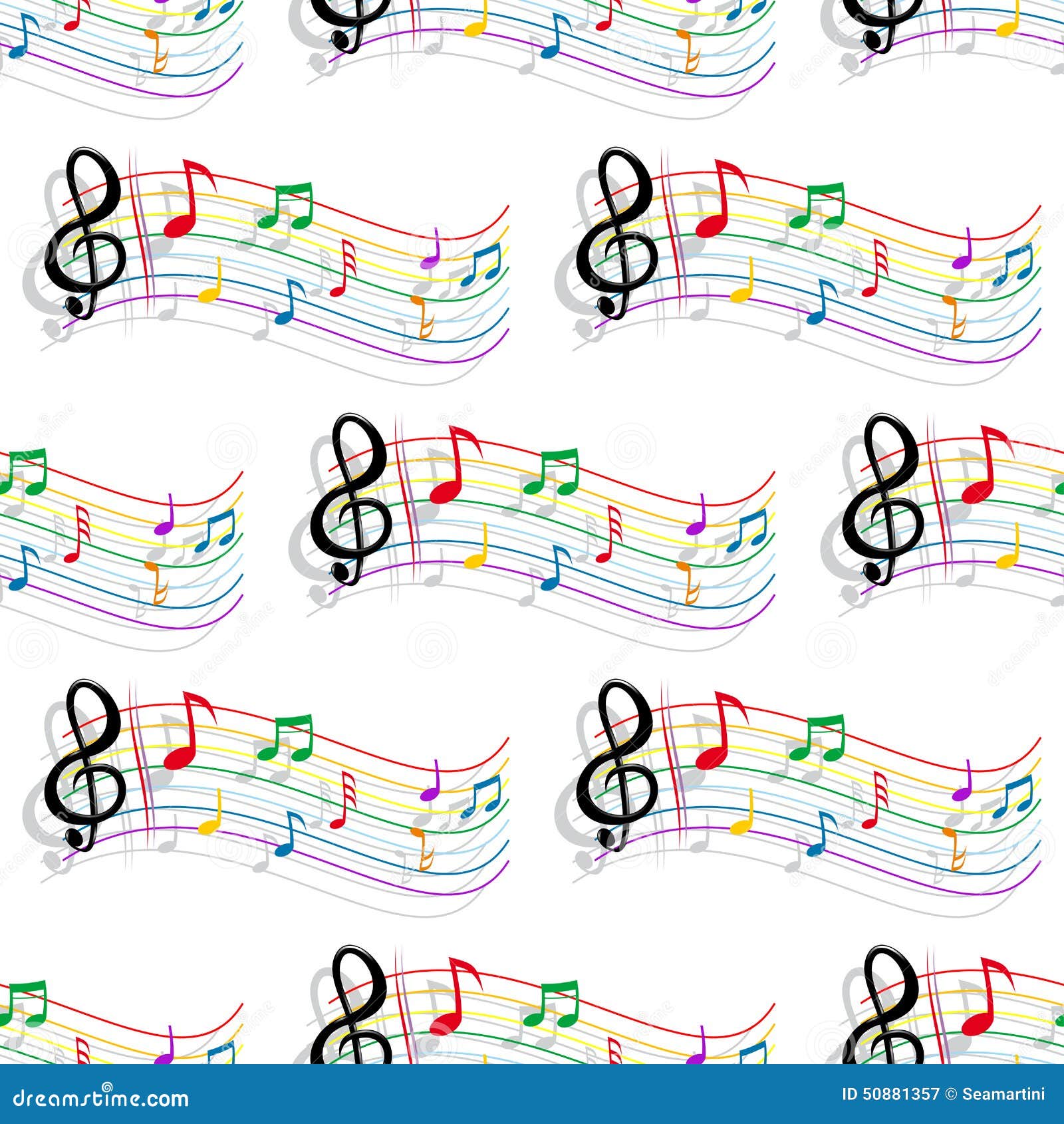 Seamless colorful music notes pattern. Seamless colorful curved staves, notes and treble clef background pattern with shadows for music and art concept design
