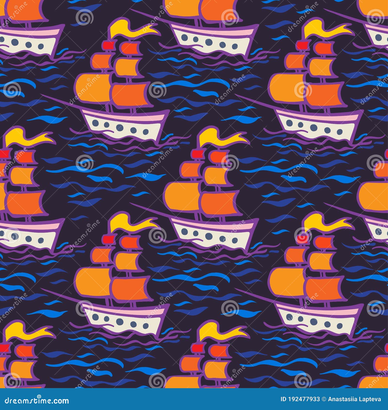 seamless colorful  pattern  of ship on waves in lines on dark