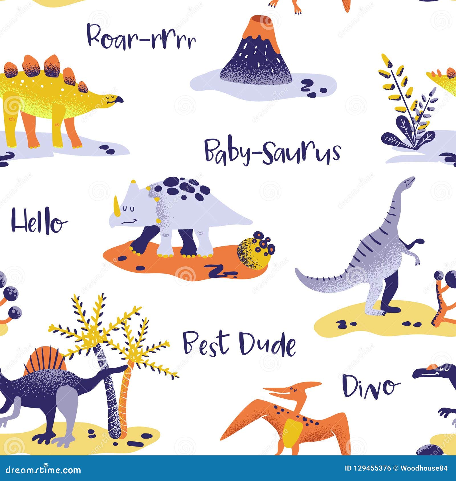 Seamless Cute Cartoon Dinosaurs Pattern. Baby Dino Background Texture.  Backdrop for Textile, Fabric, Wallpaper Print Stock Vector - Illustration  of fashion, dinosaur: 129455376