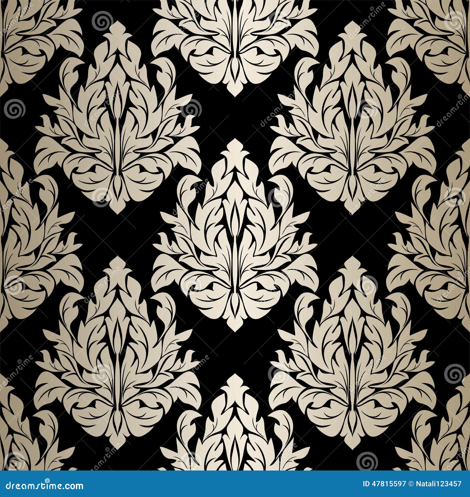 Seamless Damask Wallpaper Silver Ornament on Black. Stock Vector