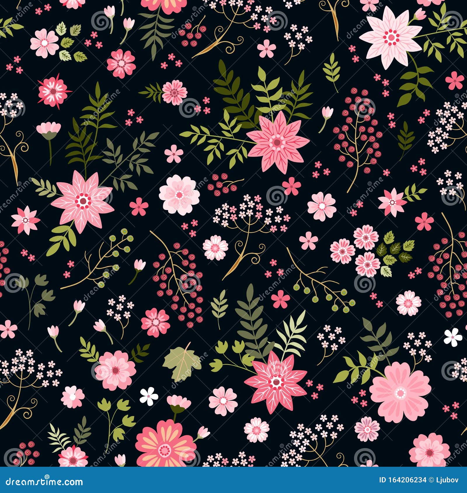 Seamless Ditsy Floral Pattern with Cute Pink Flowers and Green Leaves on Black  Background. Fashion Design Stock Vector - Illustration of feminine, fabric:  164206234