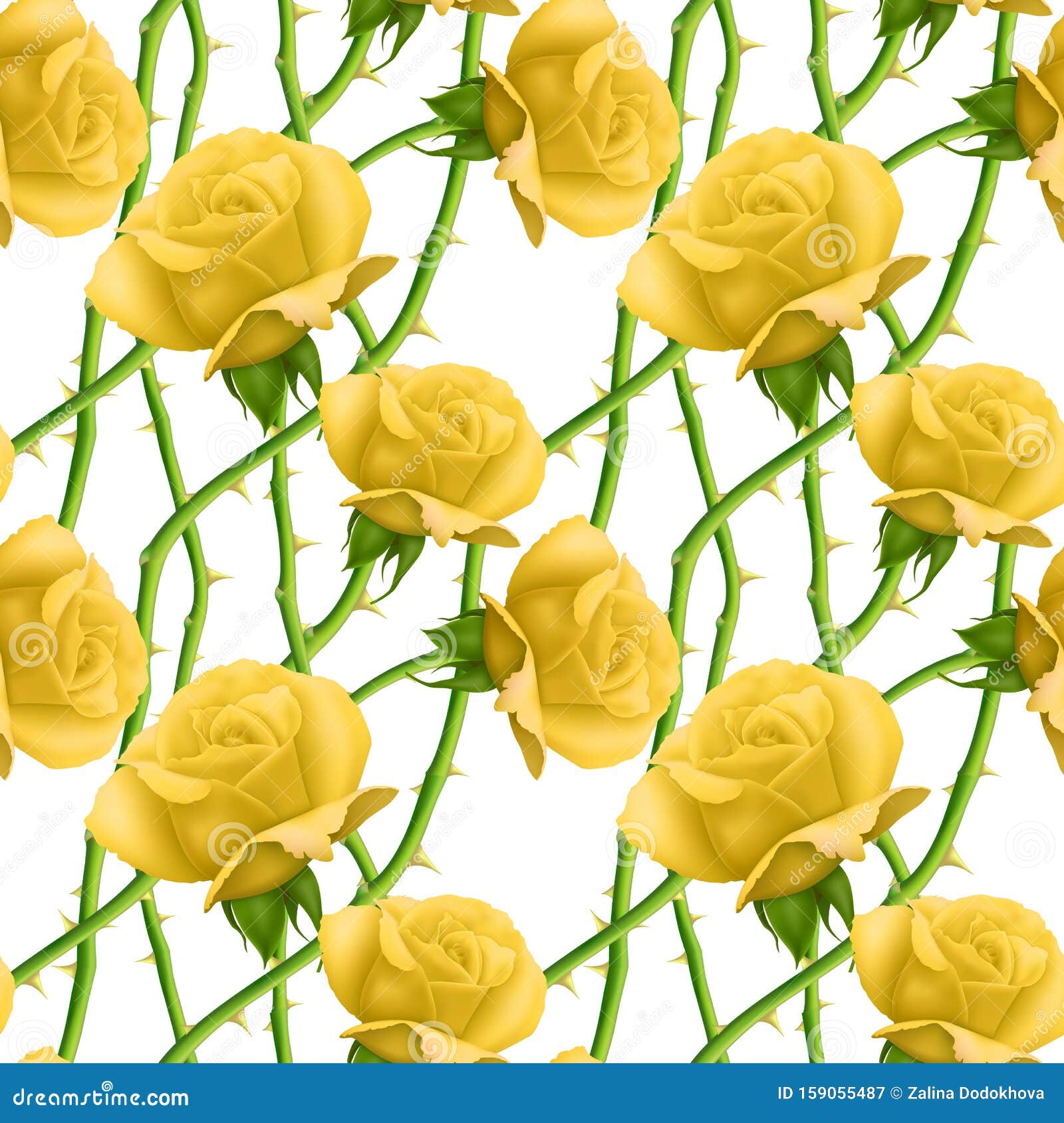 Seamless, Endless Pattern with Roses and Thorns, Bright Yellow Roses on