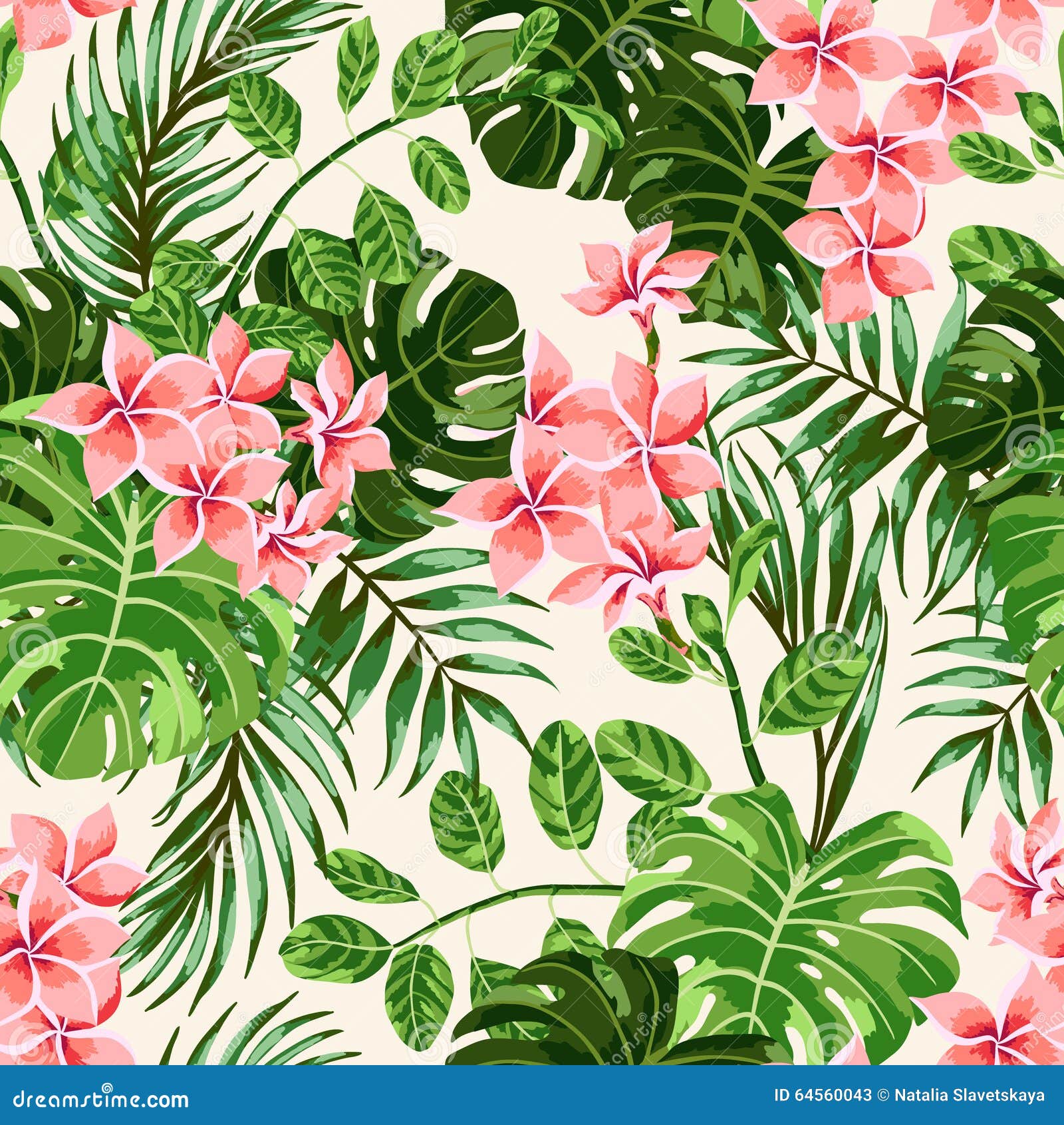 seamless exotic pattern with tropical leaves and flowers.
