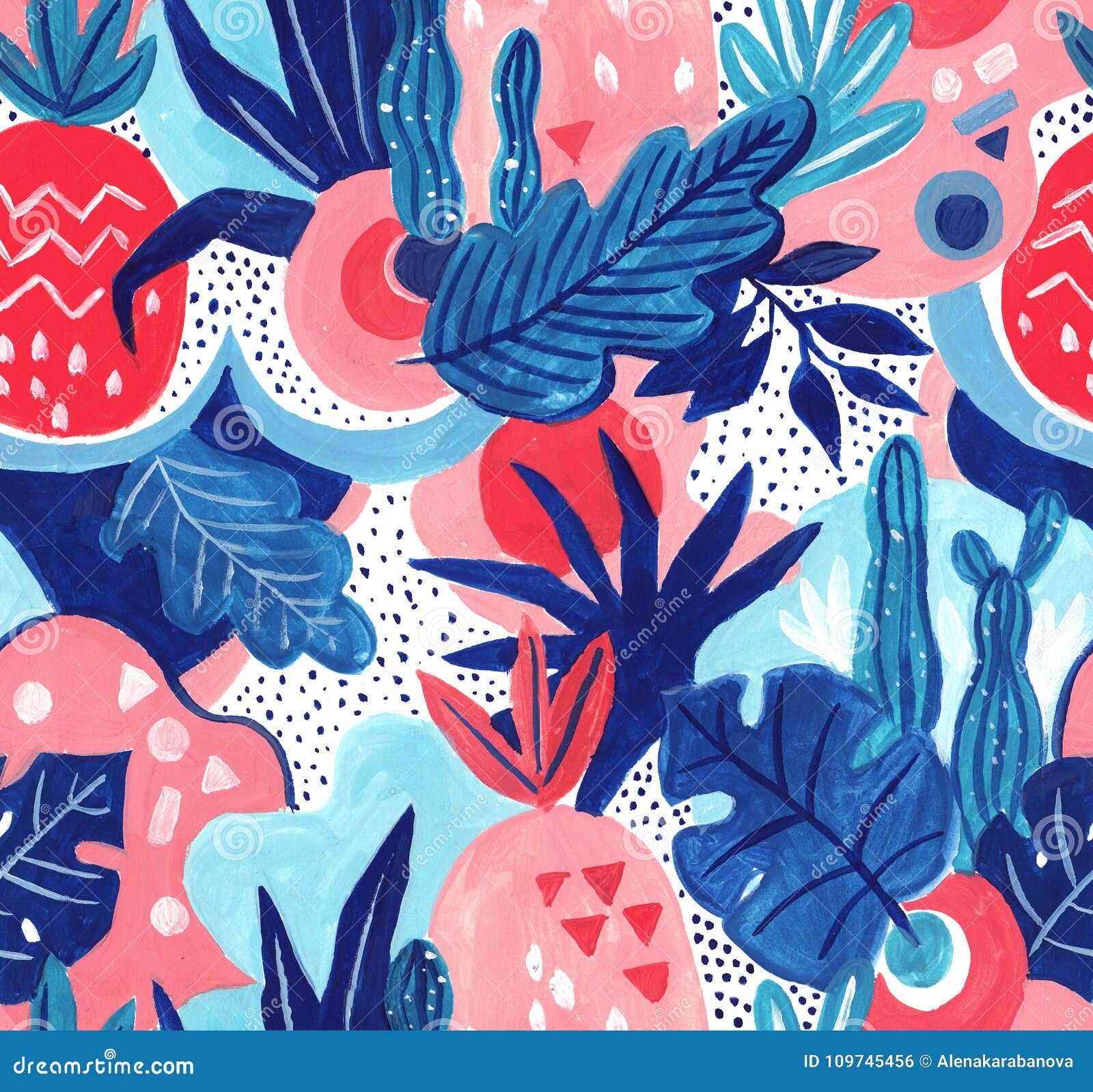 seamless exotic pattern with tropical plants. gouache background.