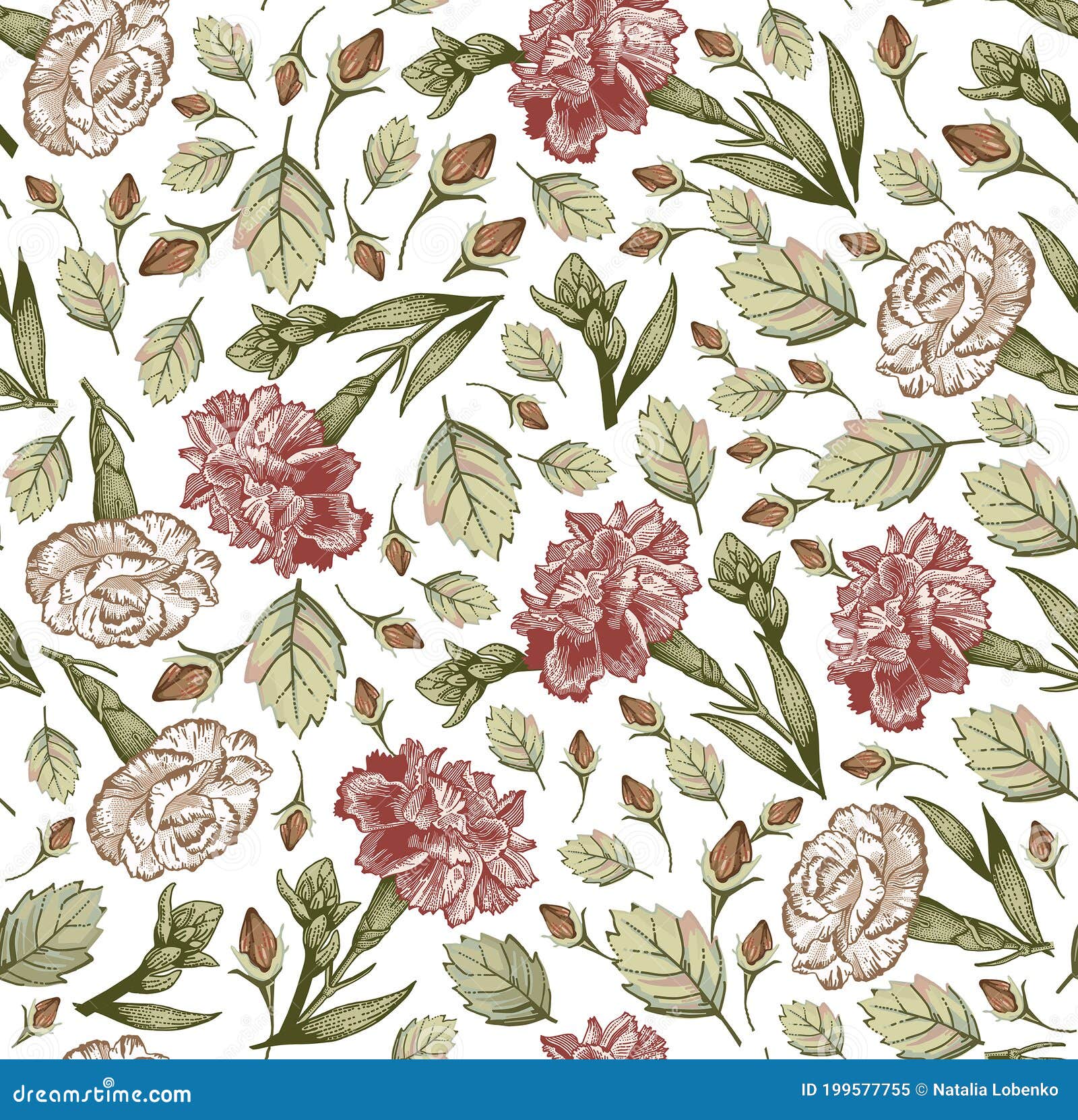 Seamless Fabric Pattern Isolated Flowers Vintage Background Carnation ...