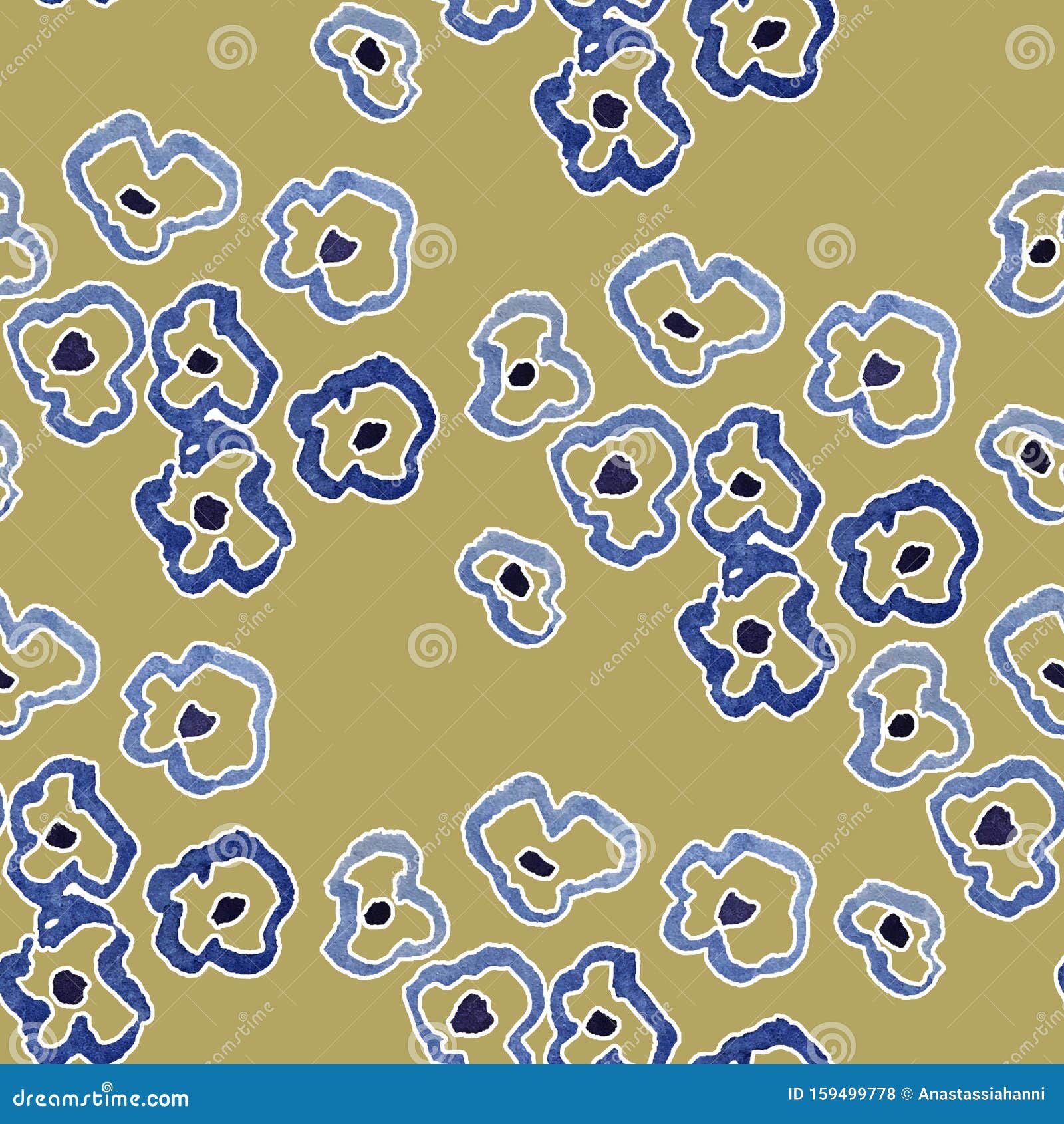 seamless floral pattern. abstract blue flowers on a mustard background.