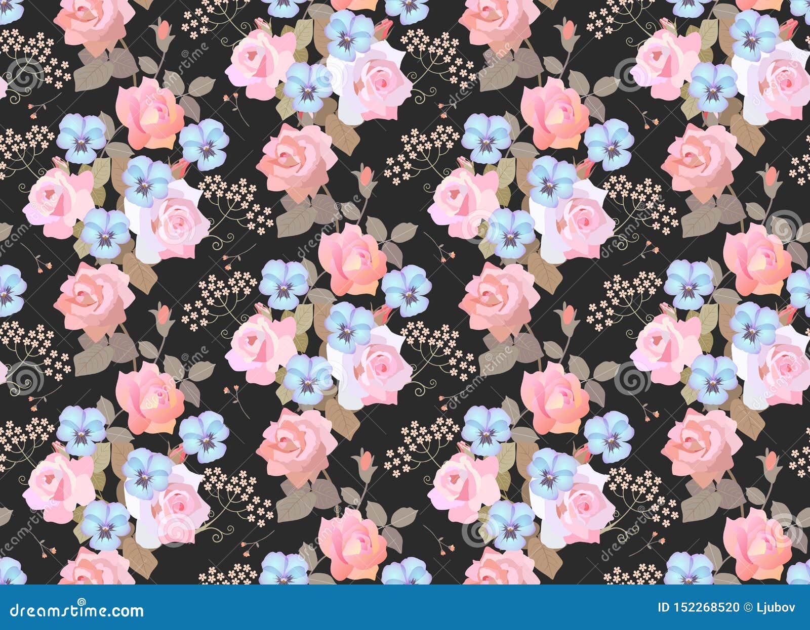 seamless floral pattern with garlands of ligth pink roses, blue pansies and umbrella flowers on black background. luxury print