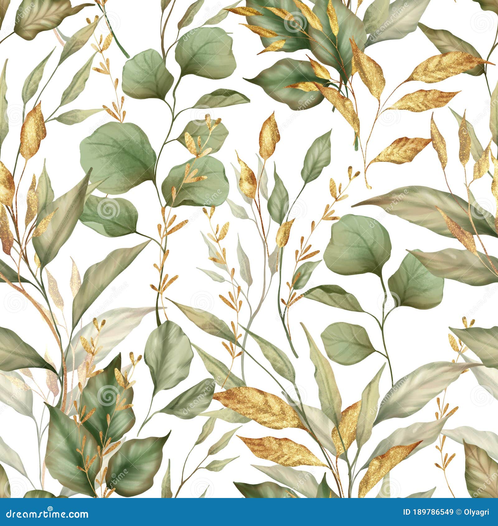 Seamless Floral Pattern with Green and Gold Leaves Stock Illustration