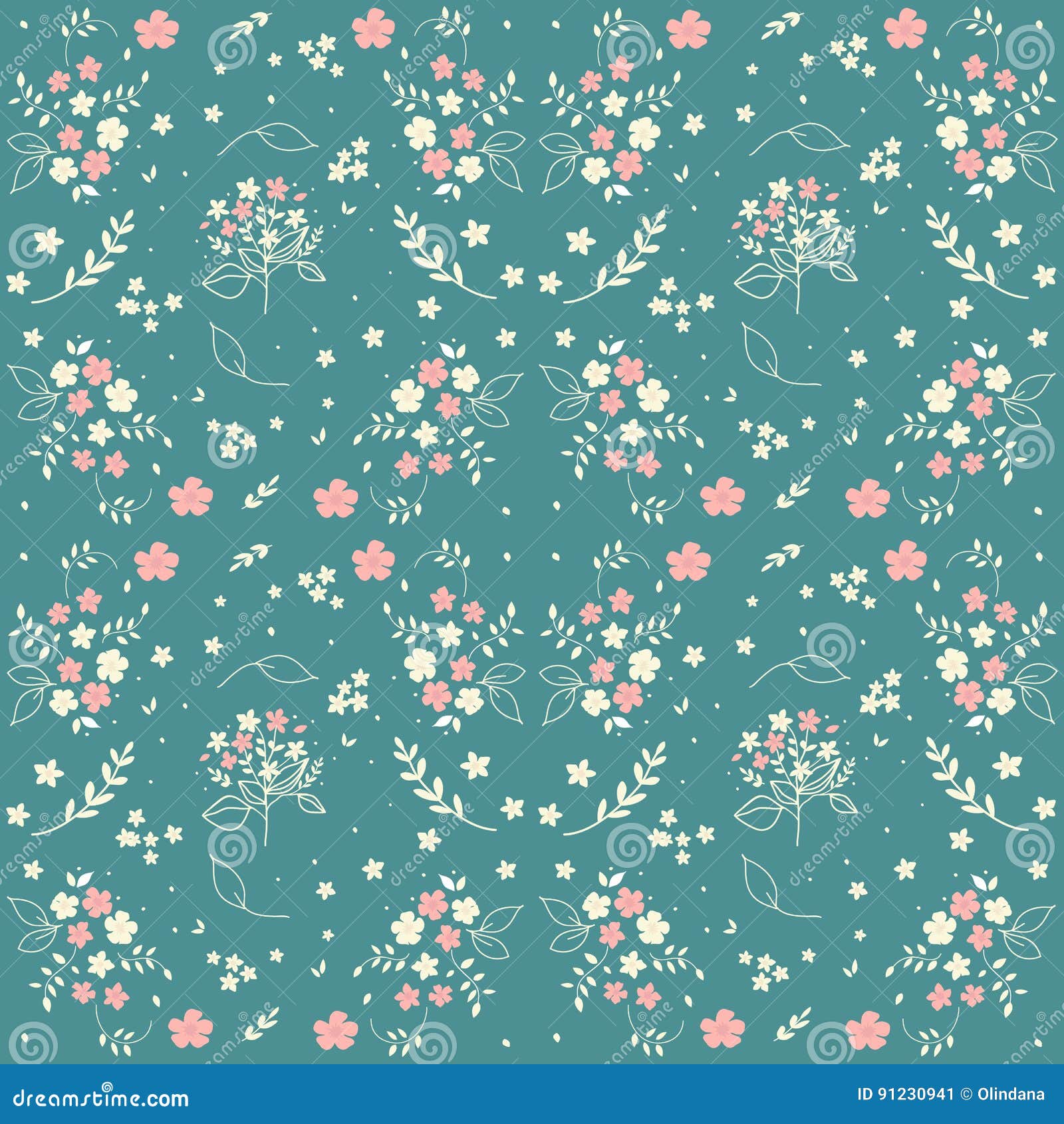 seamless floral pattern hand drawn small white silhouette flowers in bouquet twigs berries on blueish green background, fabric, sc
