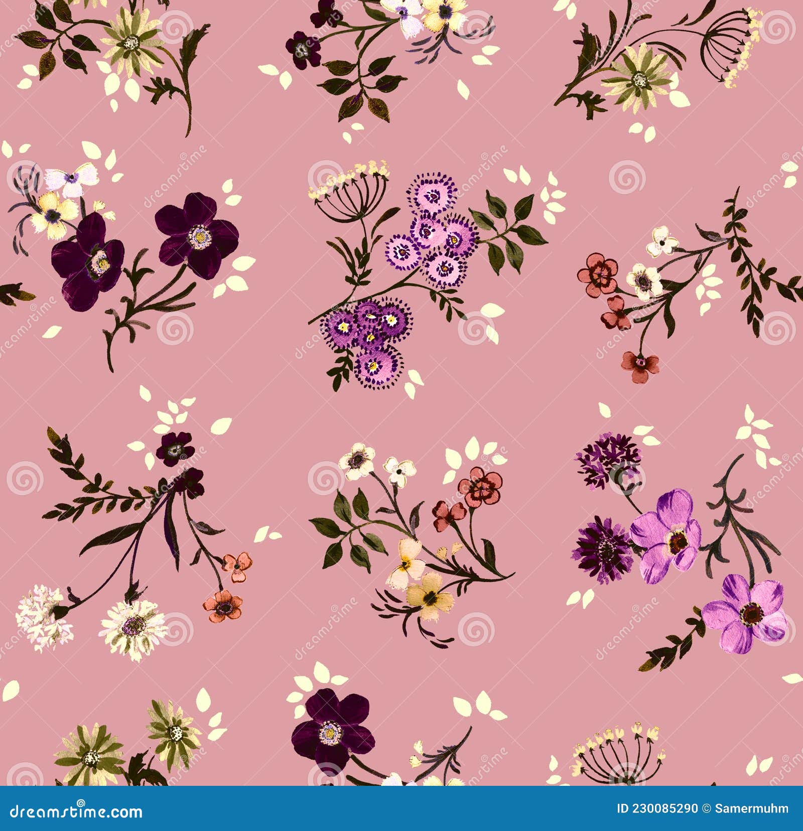 Seamless Floral Pattern with Leaves on Pink Background Ready for