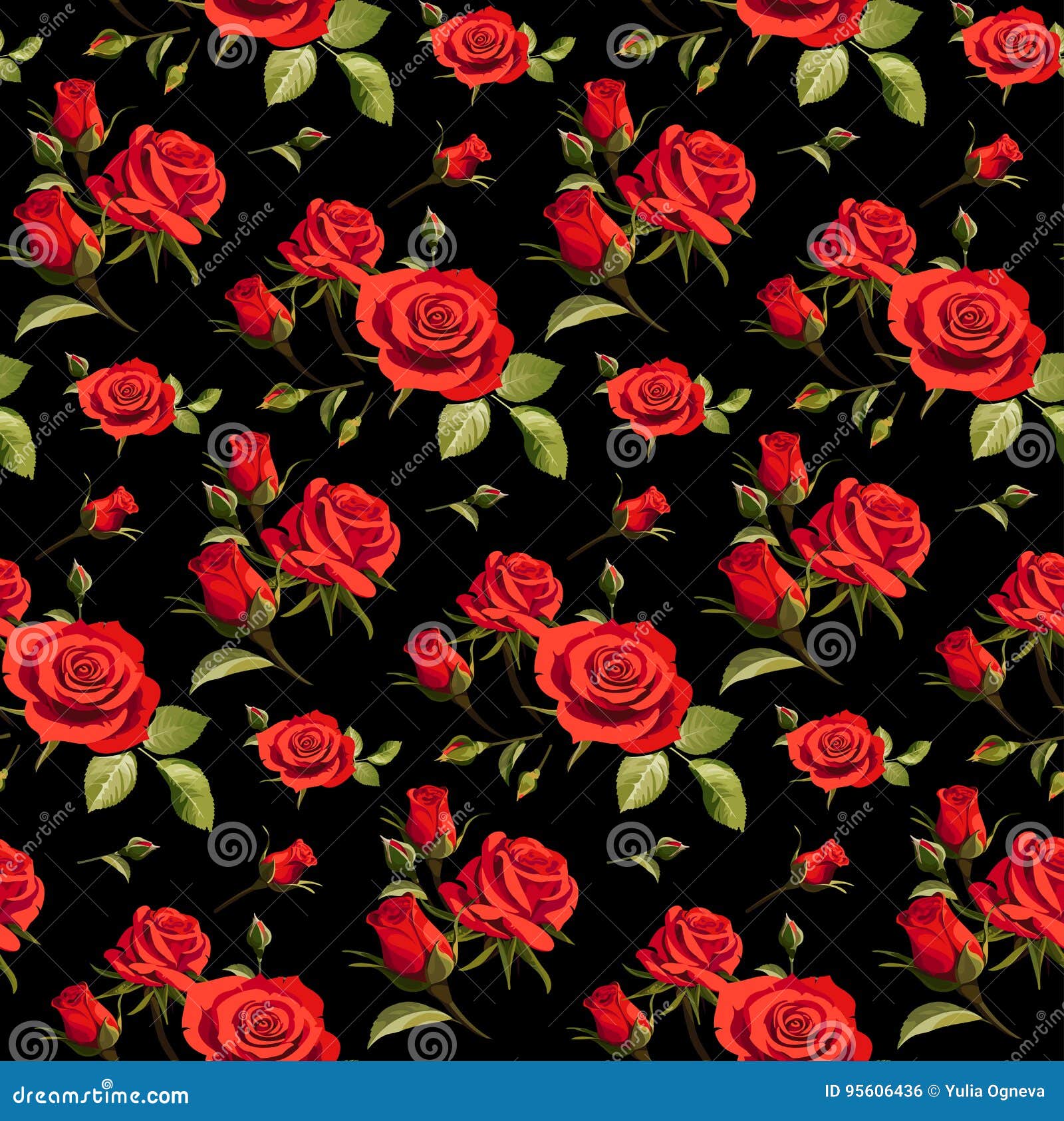 Seamless Floral Pattern with Red Roses on a Black Background Stock Vector -  Illustration of flowering, black: 95606436