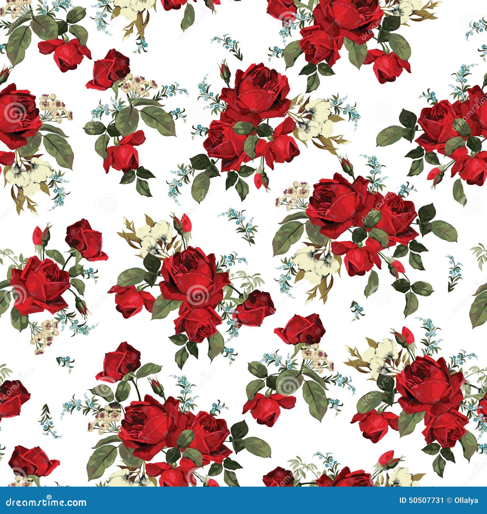 Seamless Floral Pattern with Red Roses on White Background Stock Vector