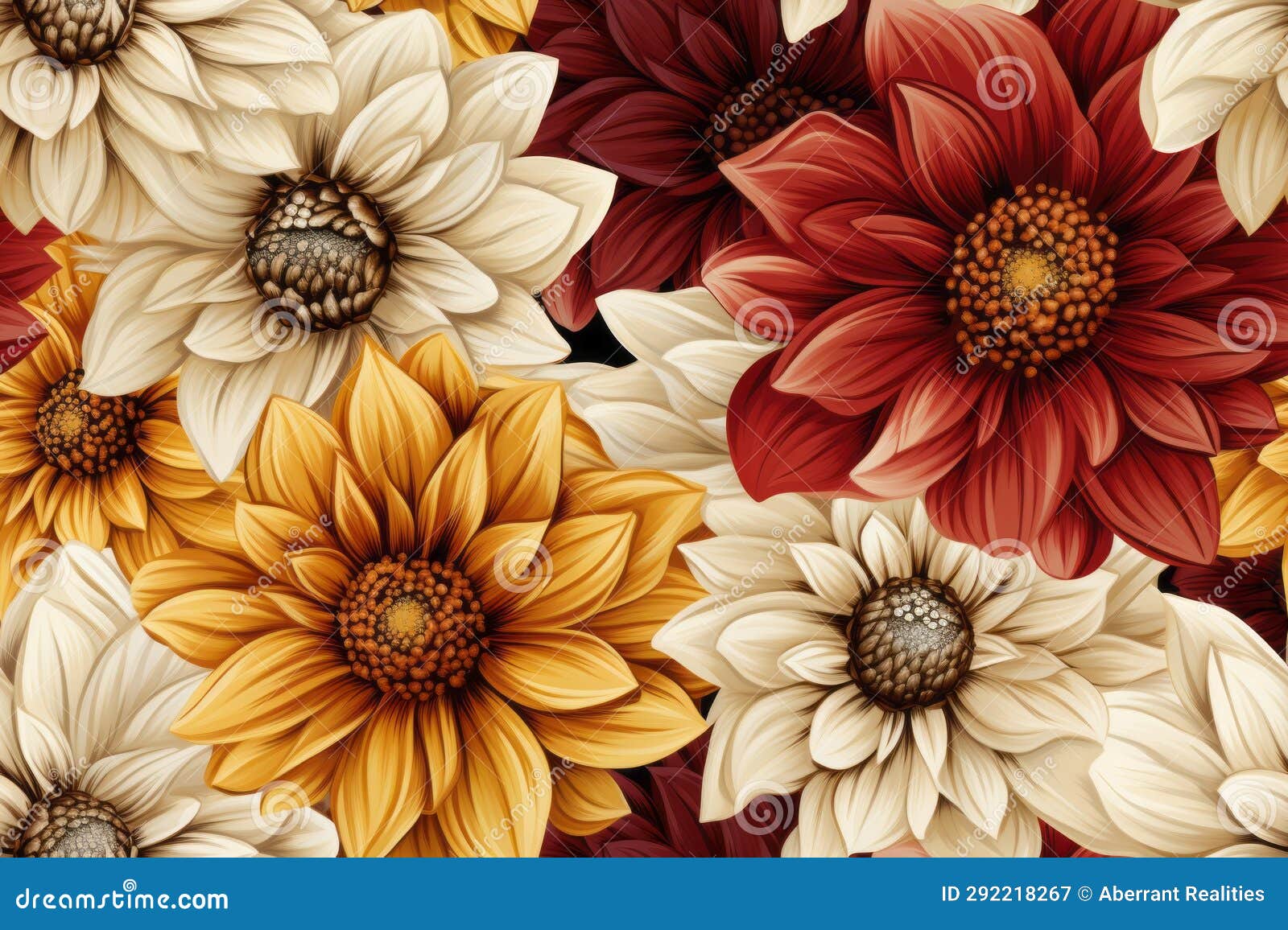 Seamless Floral Pattern with Red Yellow and White Flowers on a Black