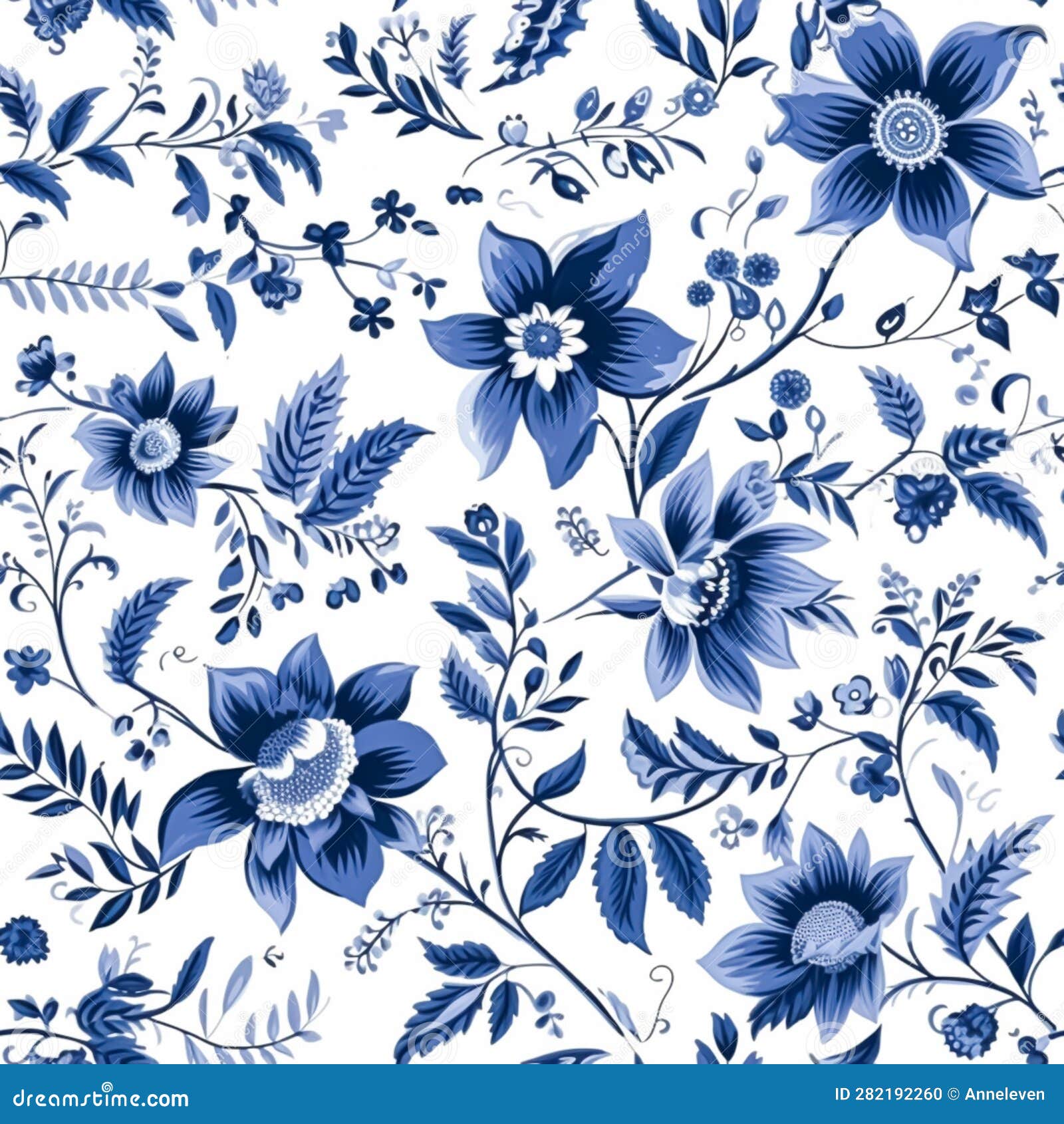 Seamless Floral Pattern, Tileable Blue and White Country Style