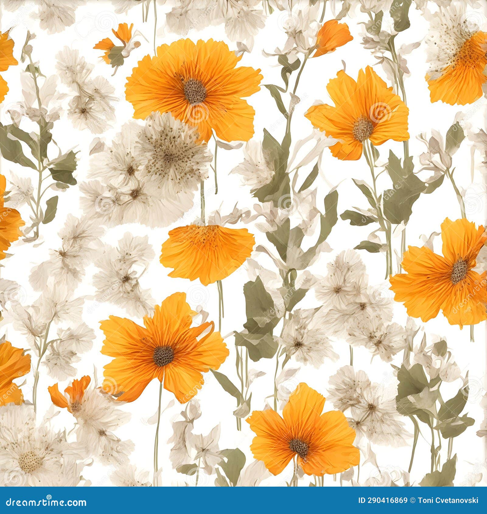 Seamless Floral Pattern with Yellow Flowers on White Background Stock ...