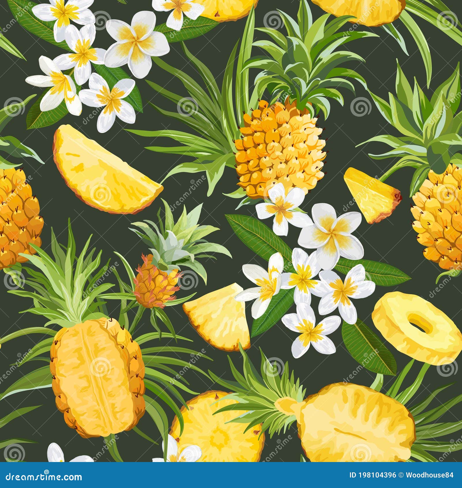 Download Seamless Floral Pineapple Vector Pattern, Plumeria Flowers ...