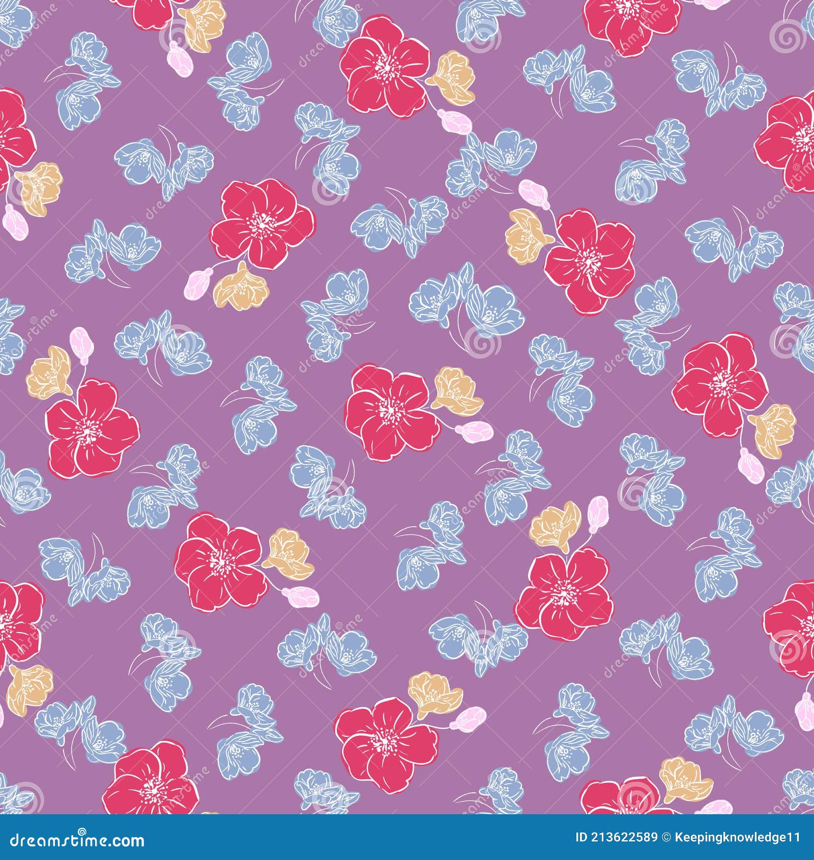 Seamless Floral Print, Red and Blue Flowers with a White Outline ...