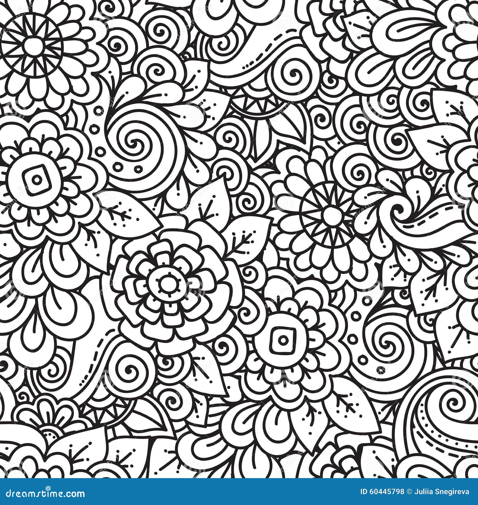 Seamless Floral Retro Doodle Black and White Pattern in Vector. Stock ...